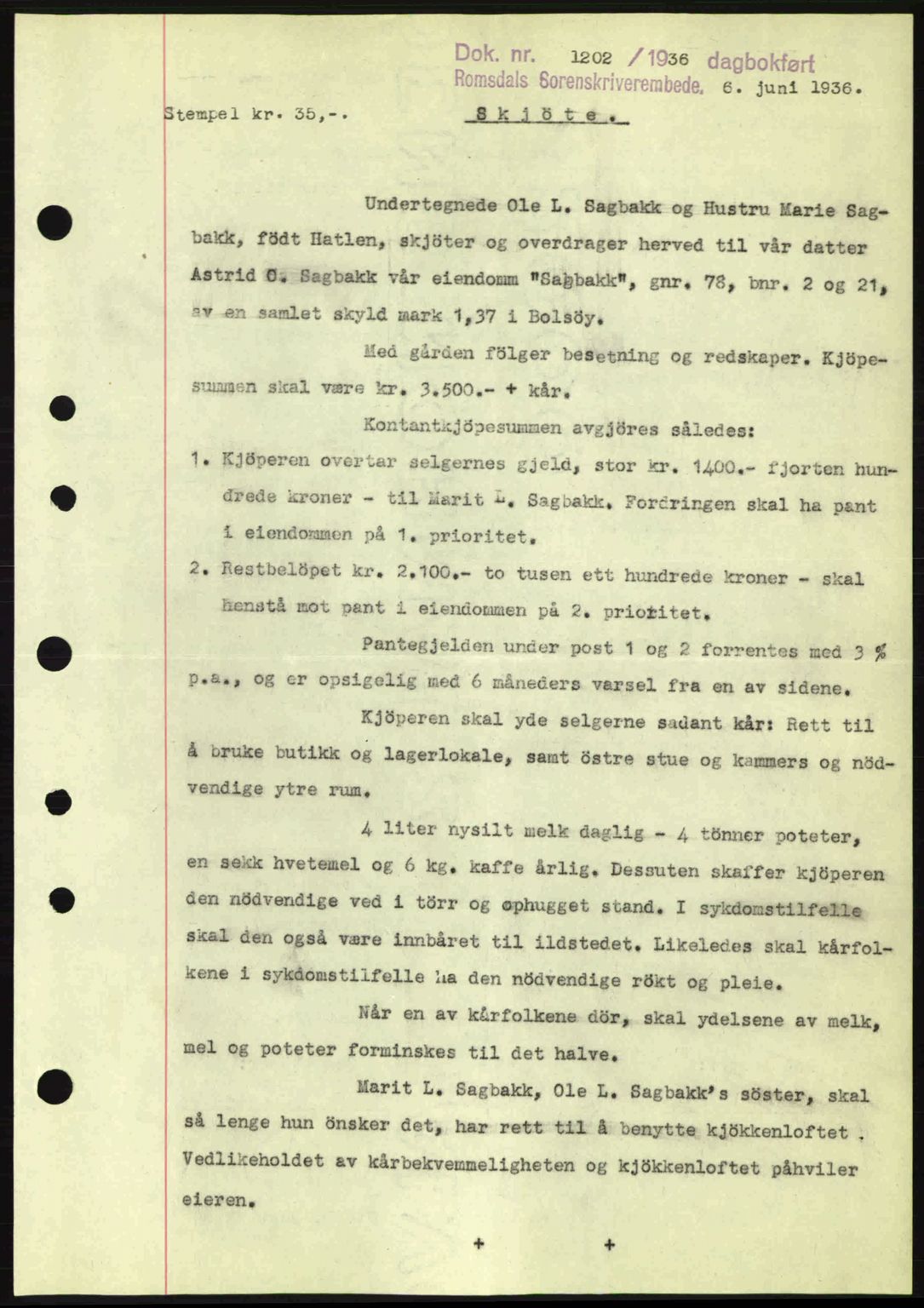 Romsdal sorenskriveri, SAT/A-4149/1/2/2C: Pantebok nr. A1, 1936-1936, Dagboknr: 1202/1936