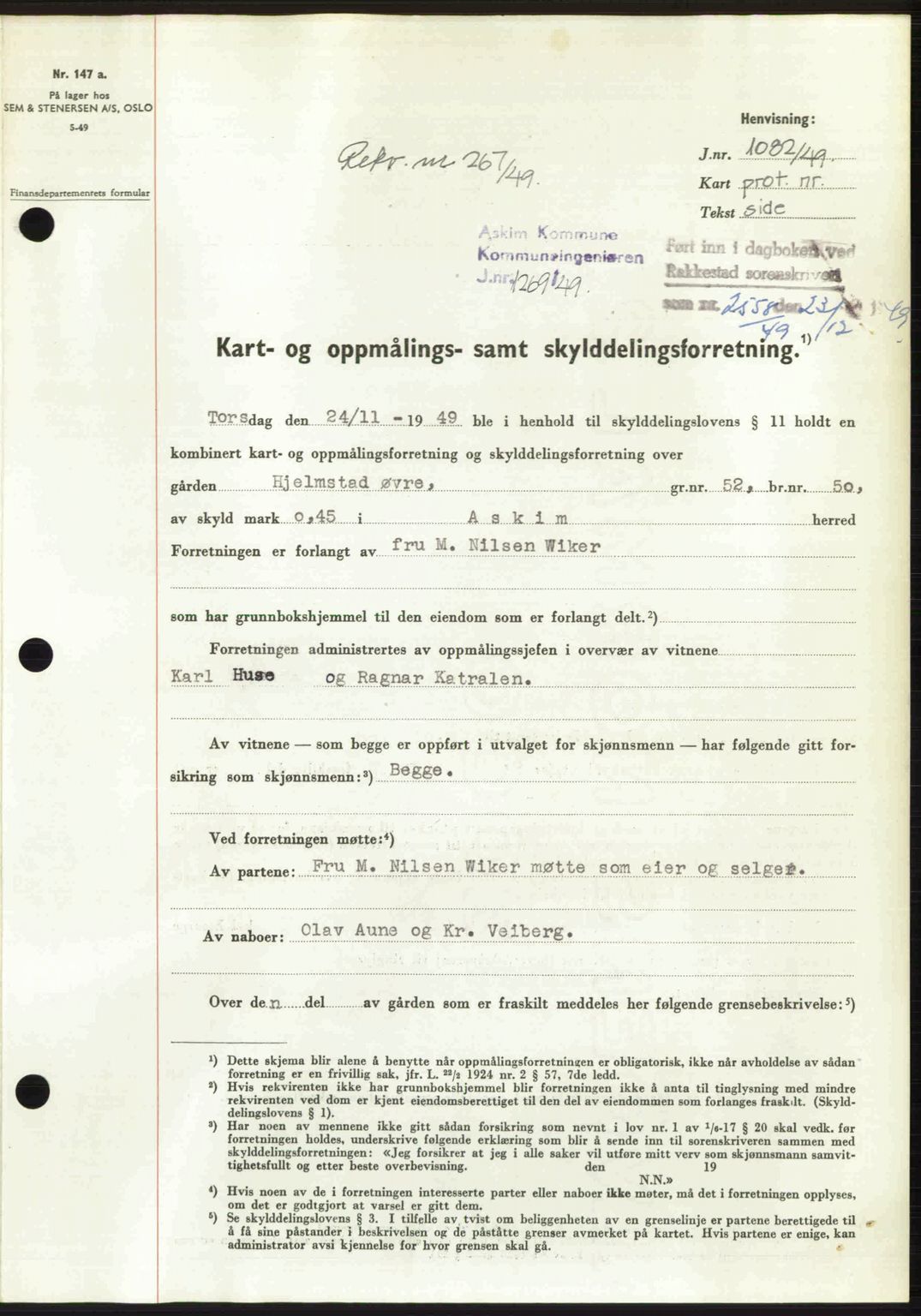 Rakkestad sorenskriveri, SAO/A-10686/G/Gb/Gba/Gbab/L0019: Pantebok nr. A19, 1949-1950, Dagboknr: 2558/1949