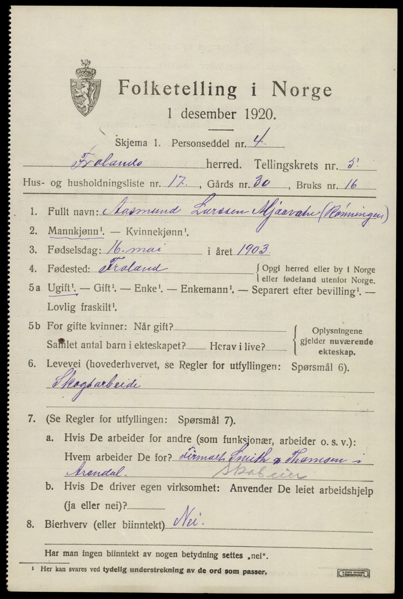 SAK, Folketelling 1920 for 0919 Froland herred, 1920, s. 3815