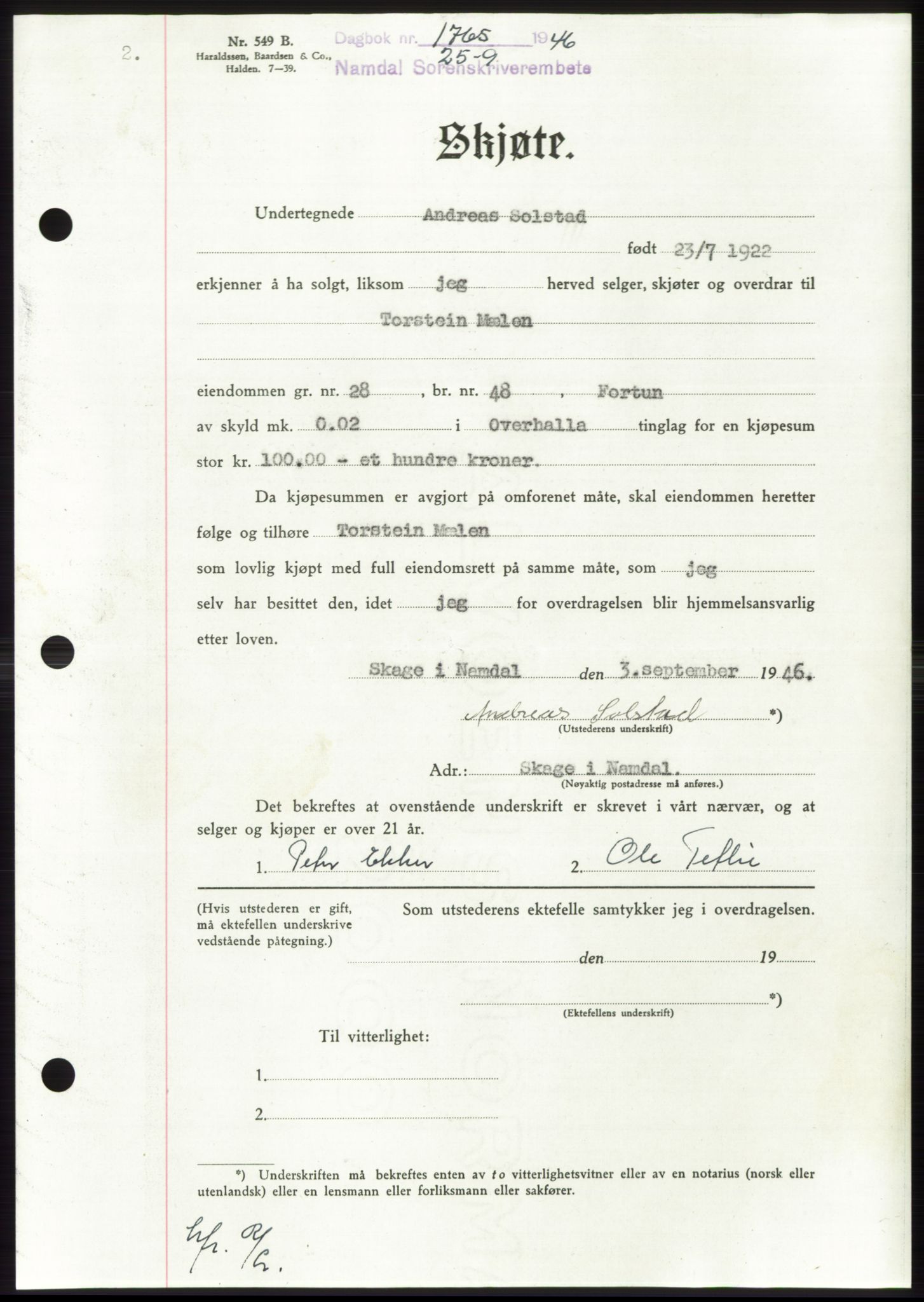 Namdal sorenskriveri, SAT/A-4133/1/2/2C: Pantebok nr. -, 1946-1947, Dagboknr: 1765/1946