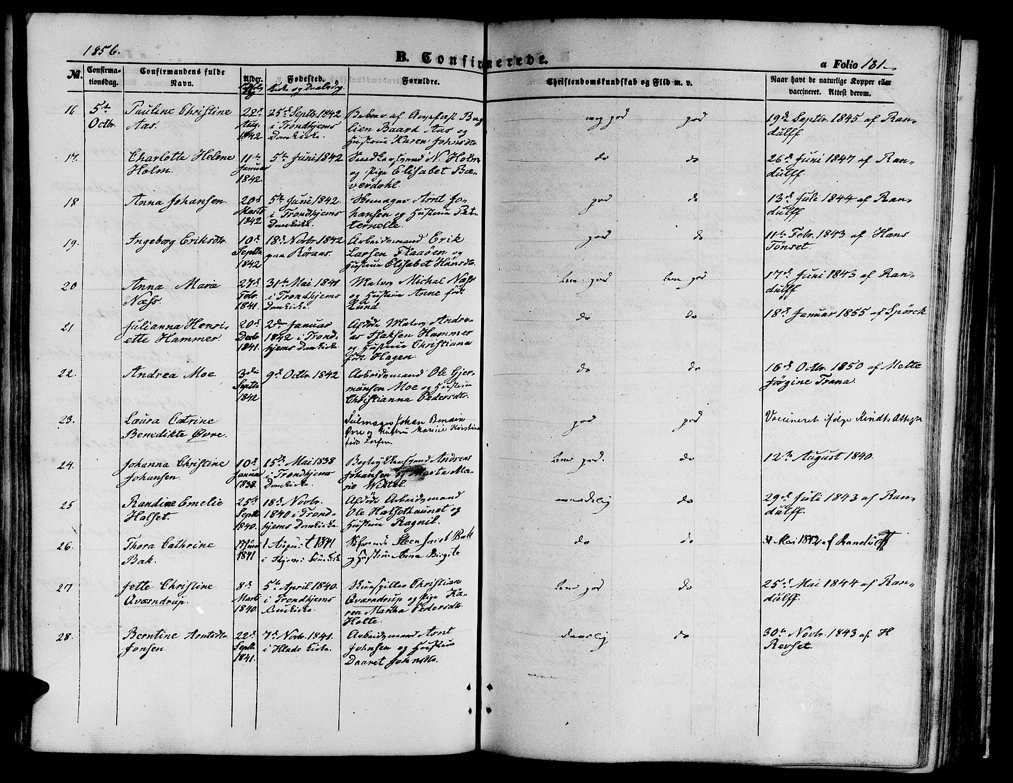 Ministerialprotokoller, klokkerbøker og fødselsregistre - Sør-Trøndelag, SAT/A-1456/602/L0138: Klokkerbok nr. 602C06, 1853-1858, s. 181