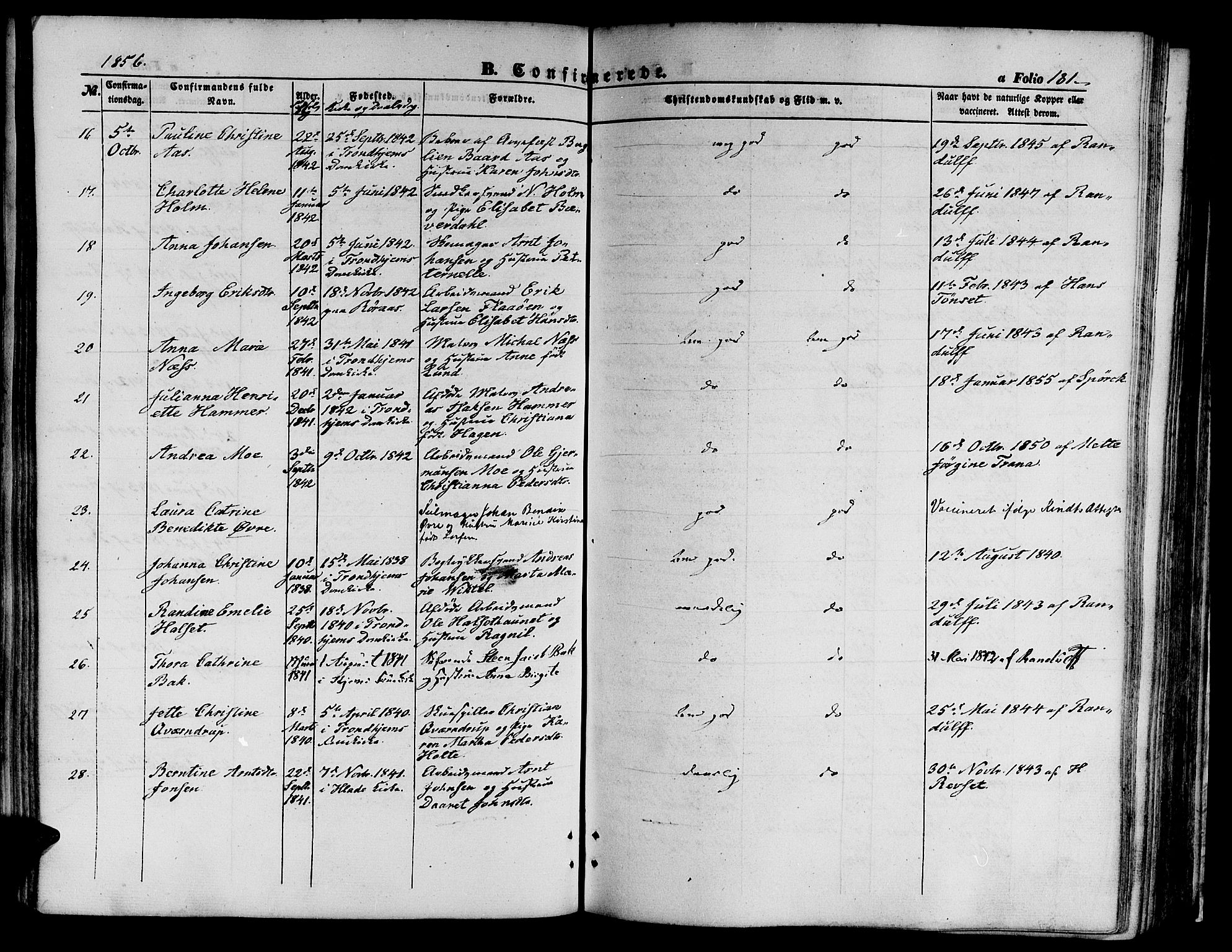 Ministerialprotokoller, klokkerbøker og fødselsregistre - Sør-Trøndelag, AV/SAT-A-1456/602/L0138: Klokkerbok nr. 602C06, 1853-1858, s. 181