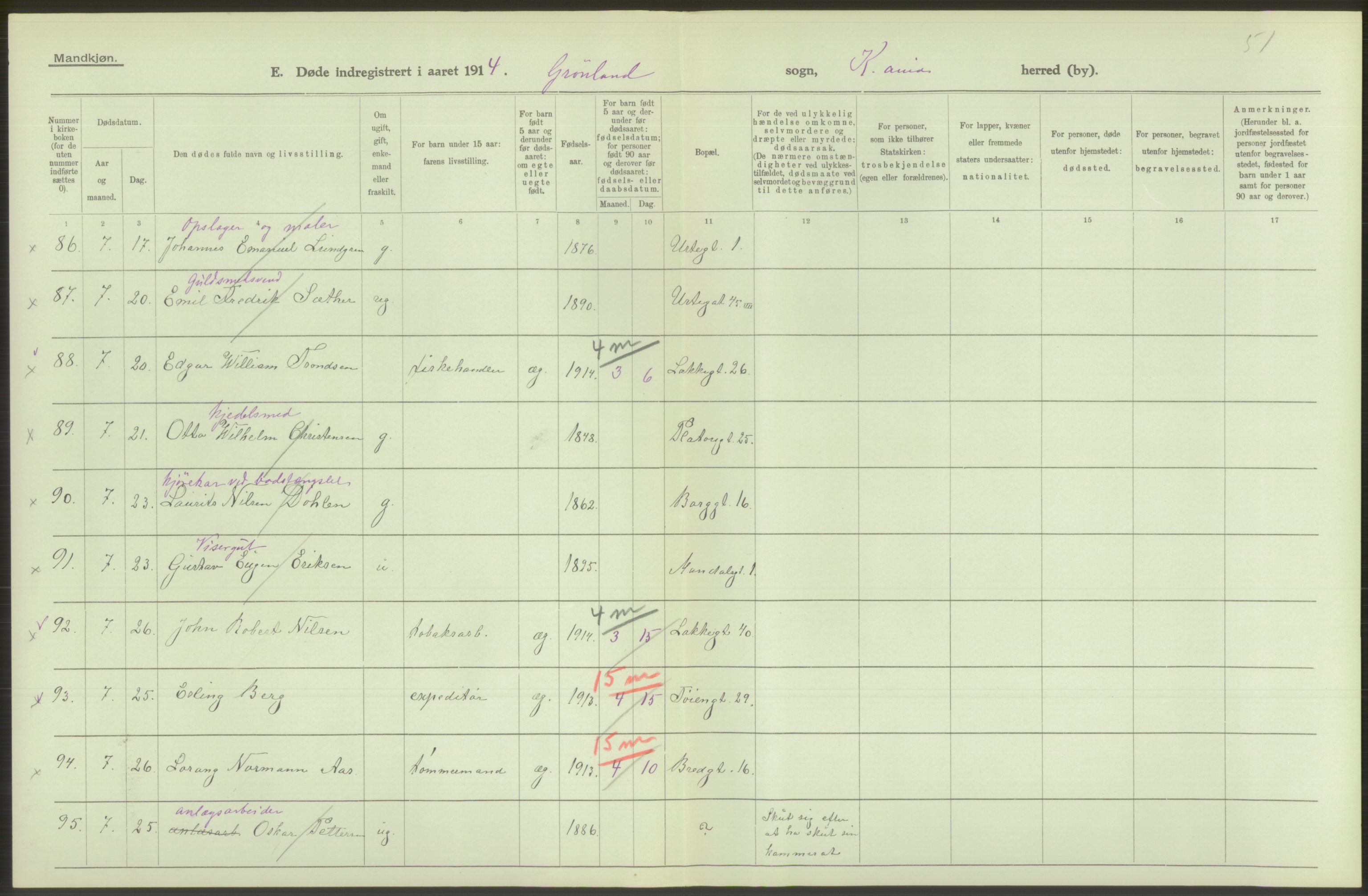 Statistisk sentralbyrå, Sosiodemografiske emner, Befolkning, AV/RA-S-2228/D/Df/Dfb/Dfbd/L0008: Kristiania: Døde, 1914, s. 494