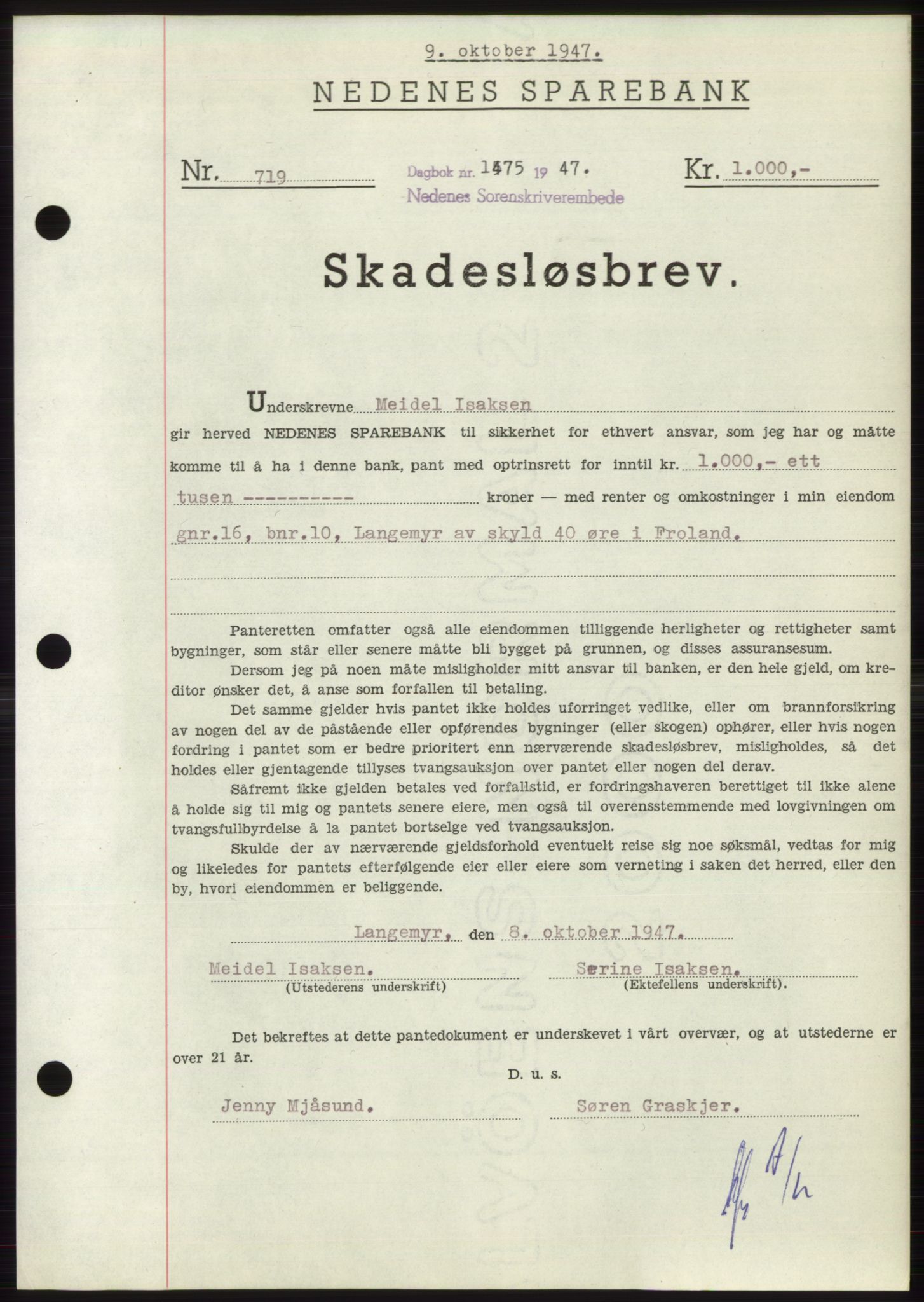Nedenes sorenskriveri, SAK/1221-0006/G/Gb/Gbb/L0004: Pantebok nr. B4, 1947-1947, Dagboknr: 1475/1947