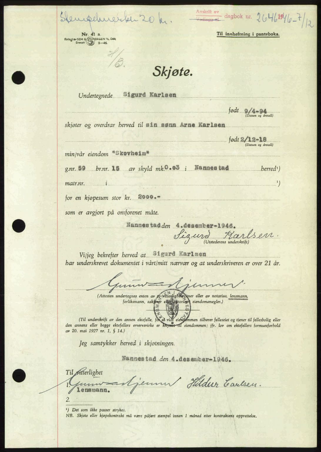 Eidsvoll tingrett, SAO/A-10371/G/Gb/Gbb/L0015: Pantebok nr. A43, 1946-1947, Dagboknr: 2646/1946