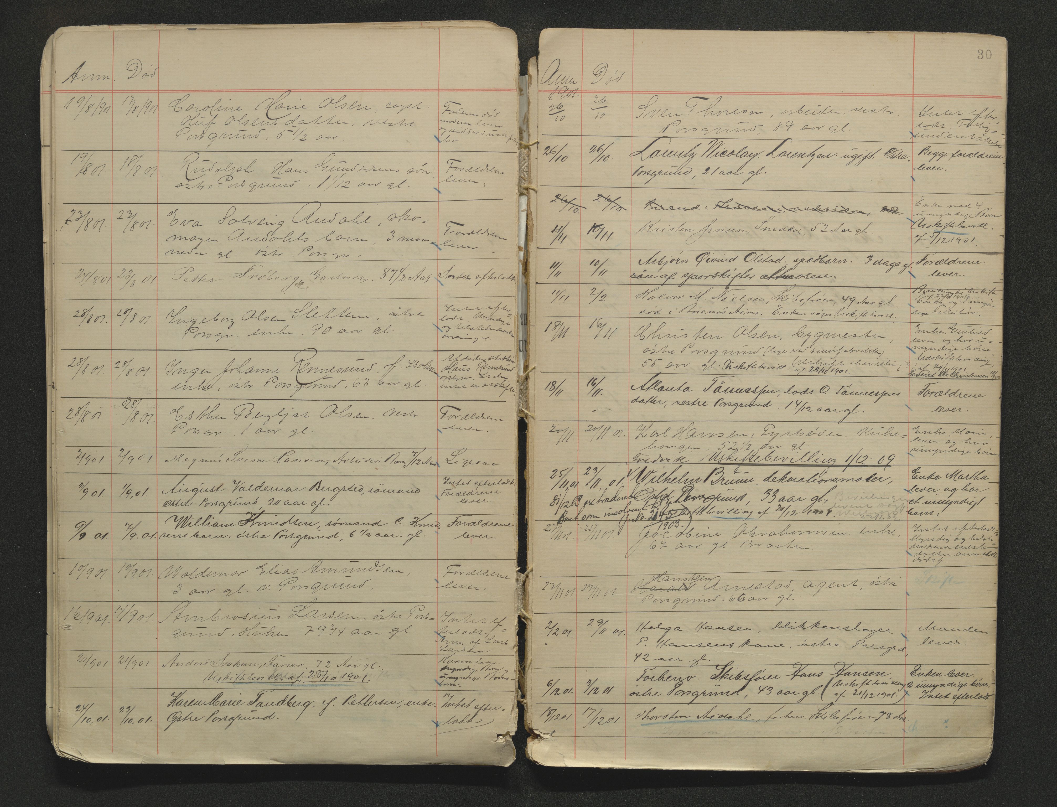 Porsgrunn byfogd, AV/SAKO-A-106/H/Ha/L0002: Dødsanmeldelseprotokoll, 1888-1908, s. 30