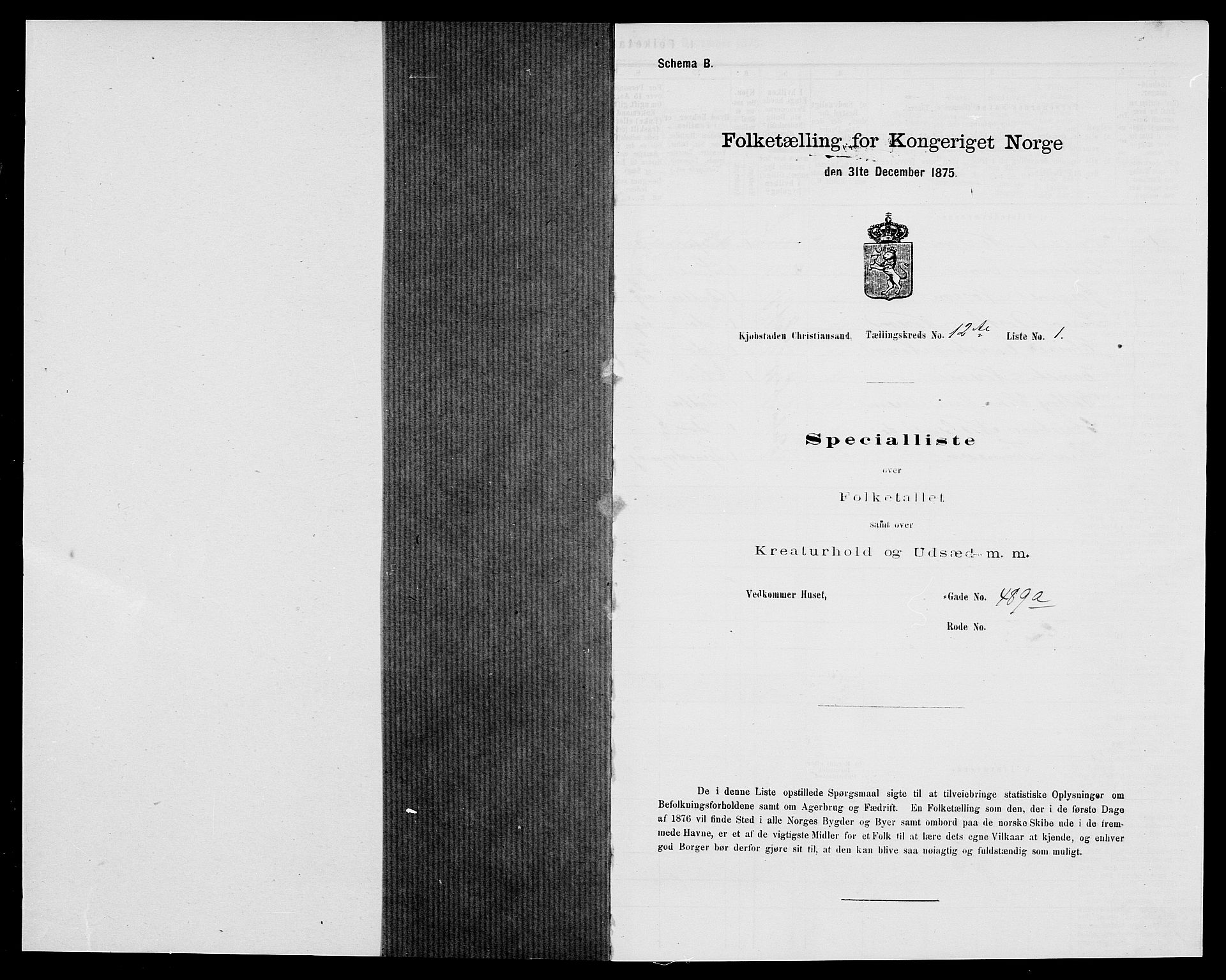 SAK, Folketelling 1875 for 1001P Kristiansand prestegjeld, 1875, s. 1928