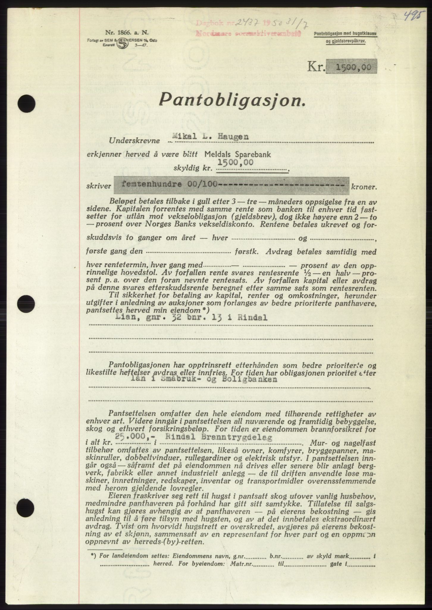 Nordmøre sorenskriveri, AV/SAT-A-4132/1/2/2Ca: Pantebok nr. B105, 1950-1950, Dagboknr: 2437/1950