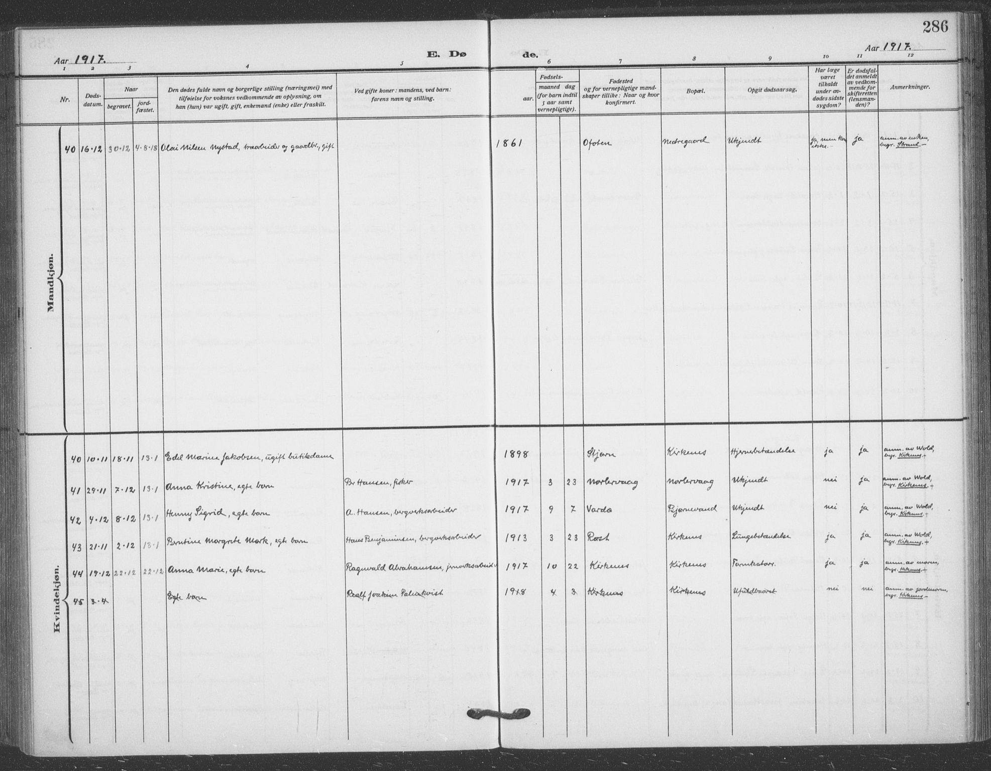 Sør-Varanger sokneprestkontor, AV/SATØ-S-1331/H/Ha/L0005kirke: Ministerialbok nr. 5, 1909-1919, s. 286