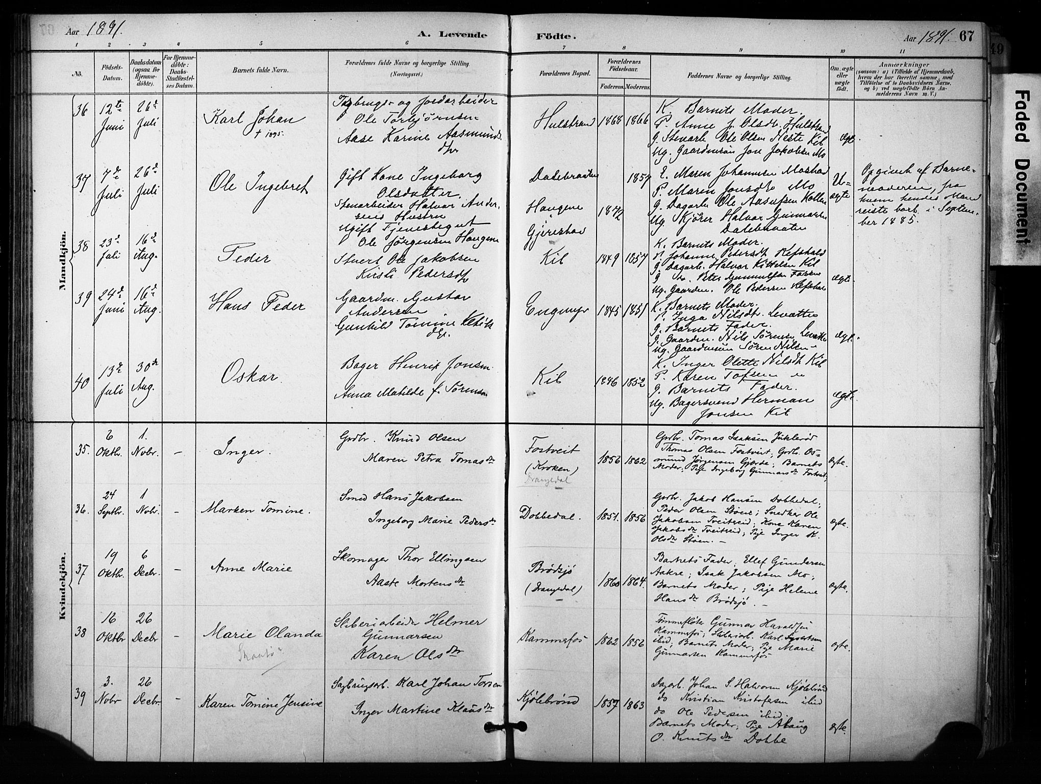 Sannidal kirkebøker, AV/SAKO-A-296/F/Fa/L0015: Ministerialbok nr. 15, 1884-1899, s. 67