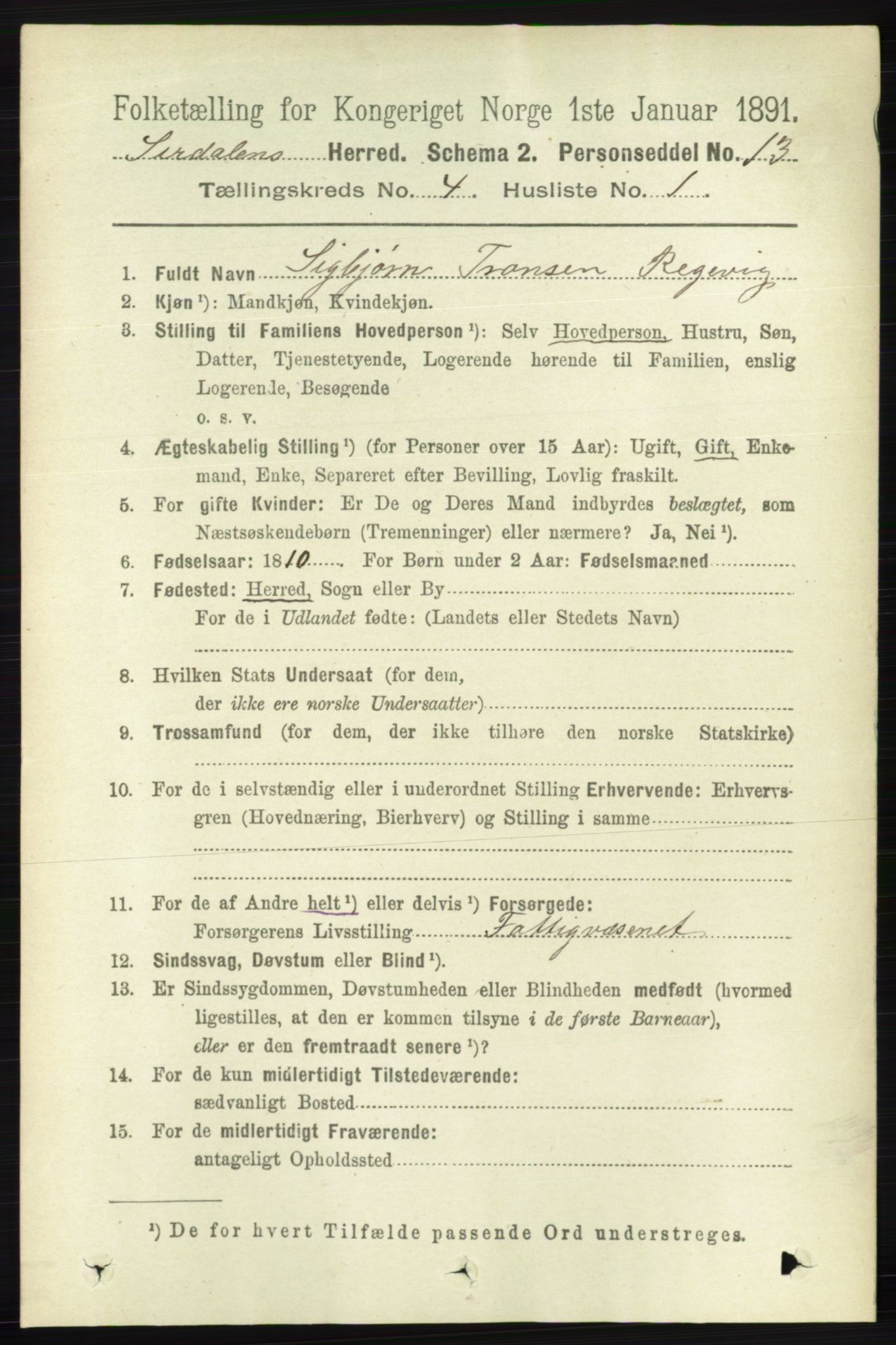 RA, Folketelling 1891 for 1046 Sirdal herred, 1891, s. 947