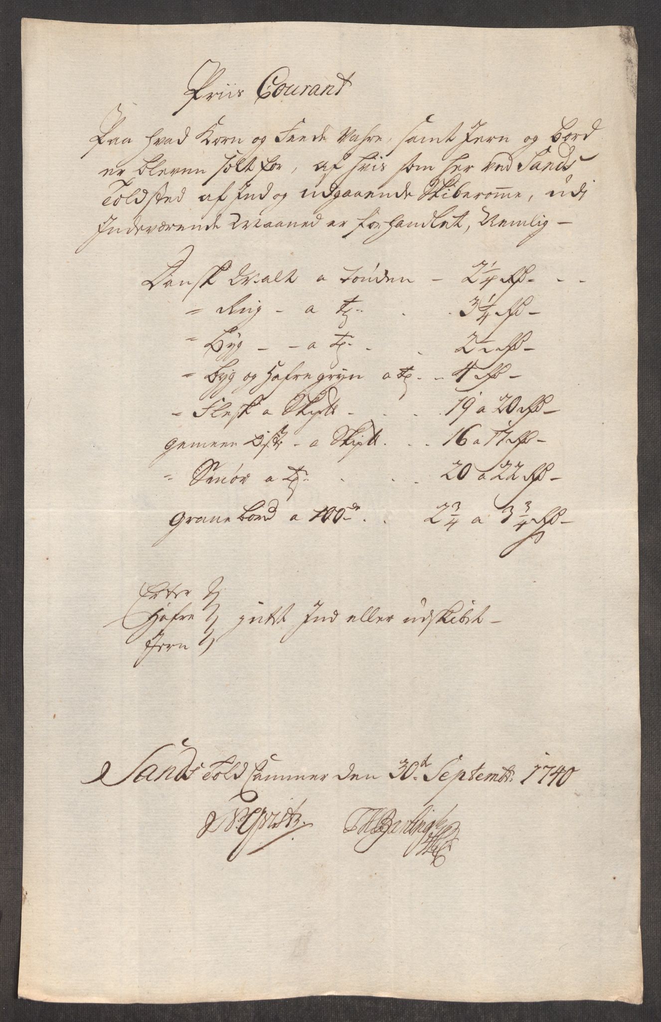 Rentekammeret inntil 1814, Realistisk ordnet avdeling, RA/EA-4070/Oe/L0002: [Ø1]: Priskuranter, 1740-1744, s. 56