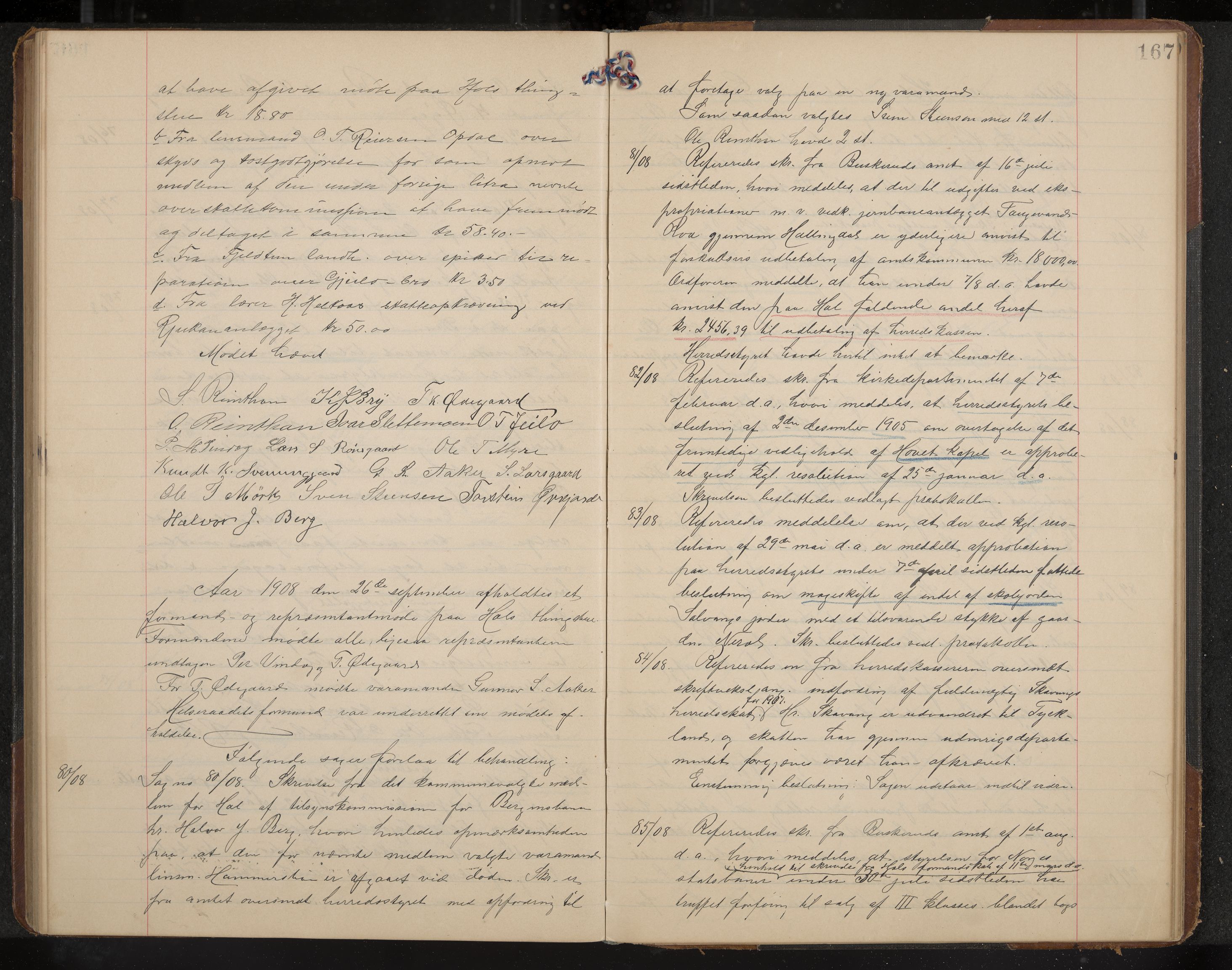Hol formannskap og sentraladministrasjon, IKAK/0620021-1/A/L0004: Møtebok, 1904-1909, s. 167