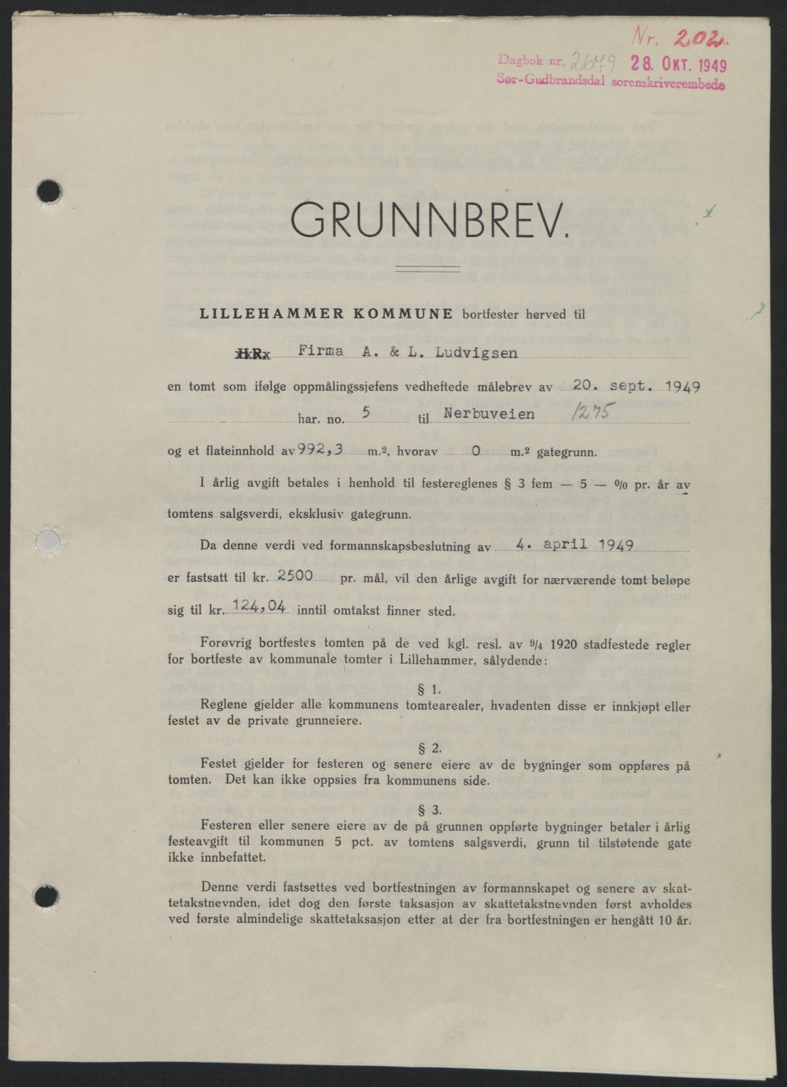 Sør-Gudbrandsdal tingrett, SAH/TING-004/H/Hb/Hbd/L0026: Pantebok nr. A26, 1949-1949, Dagboknr: 2679/1949