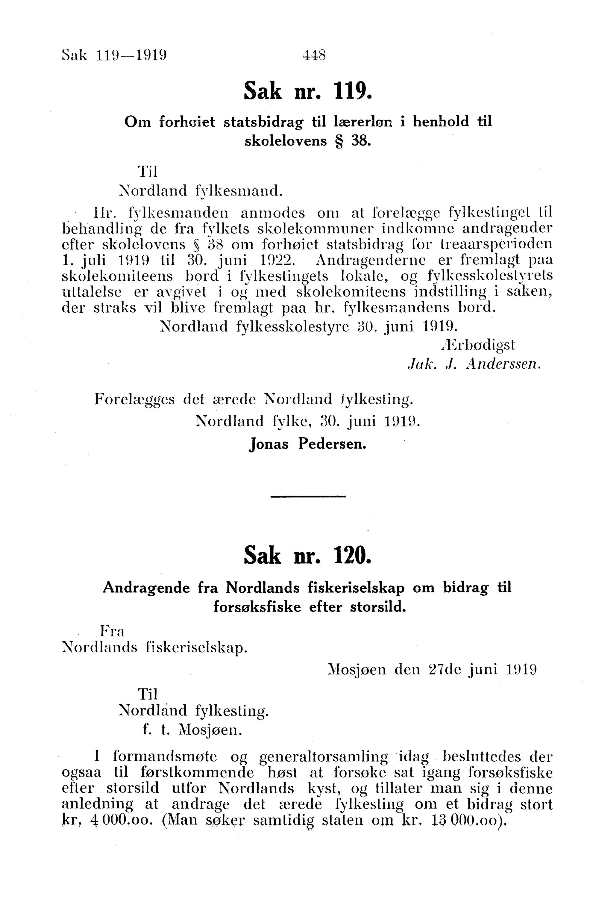 Nordland Fylkeskommune. Fylkestinget, AIN/NFK-17/176/A/Ac/L0042: Fylkestingsforhandlinger 1919, 1919