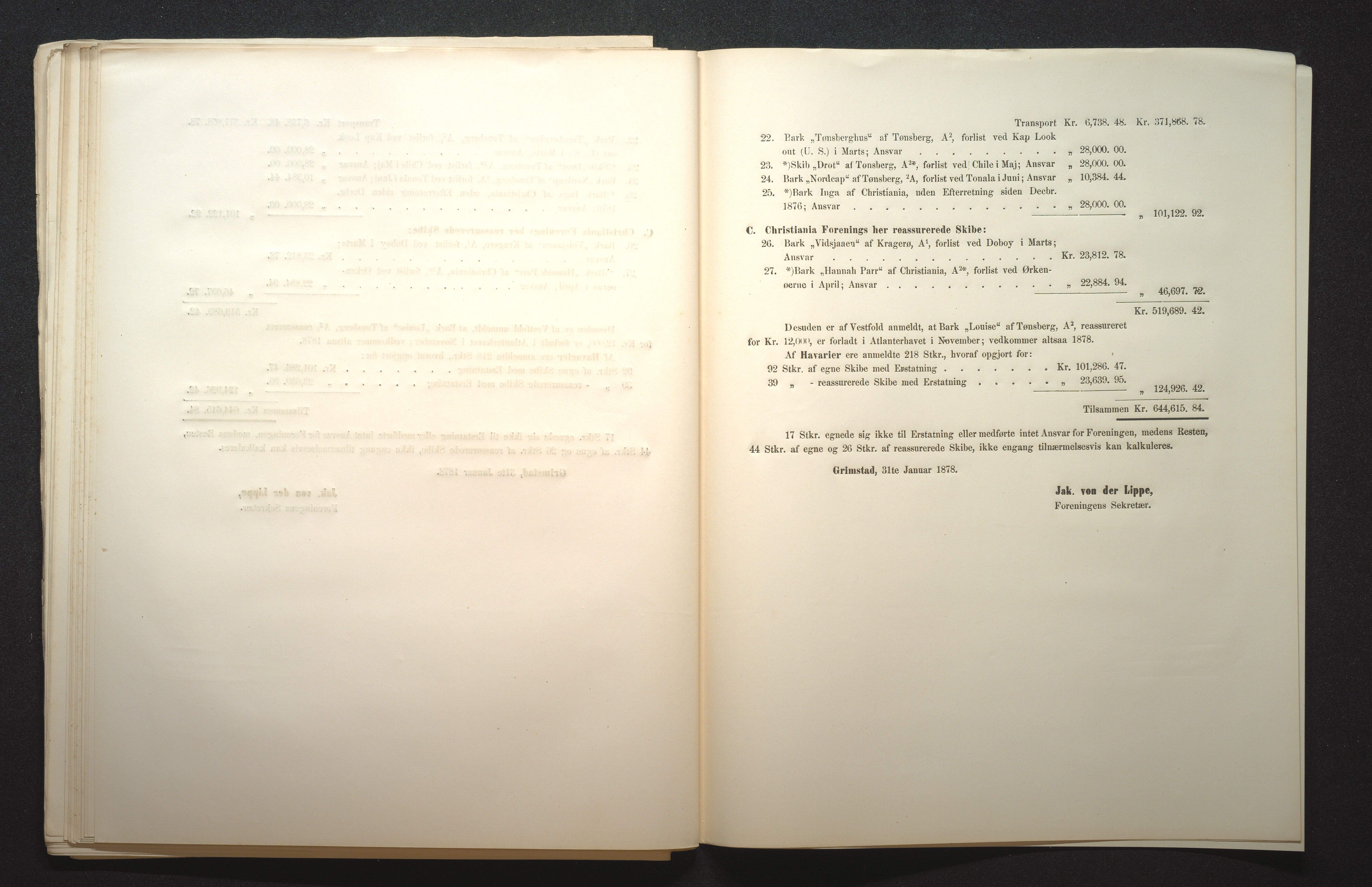 Agders Gjensidige Assuranceforening, AAKS/PA-1718/05/L0001: Regnskap, seilavdeling, pakkesak, 1855-1880