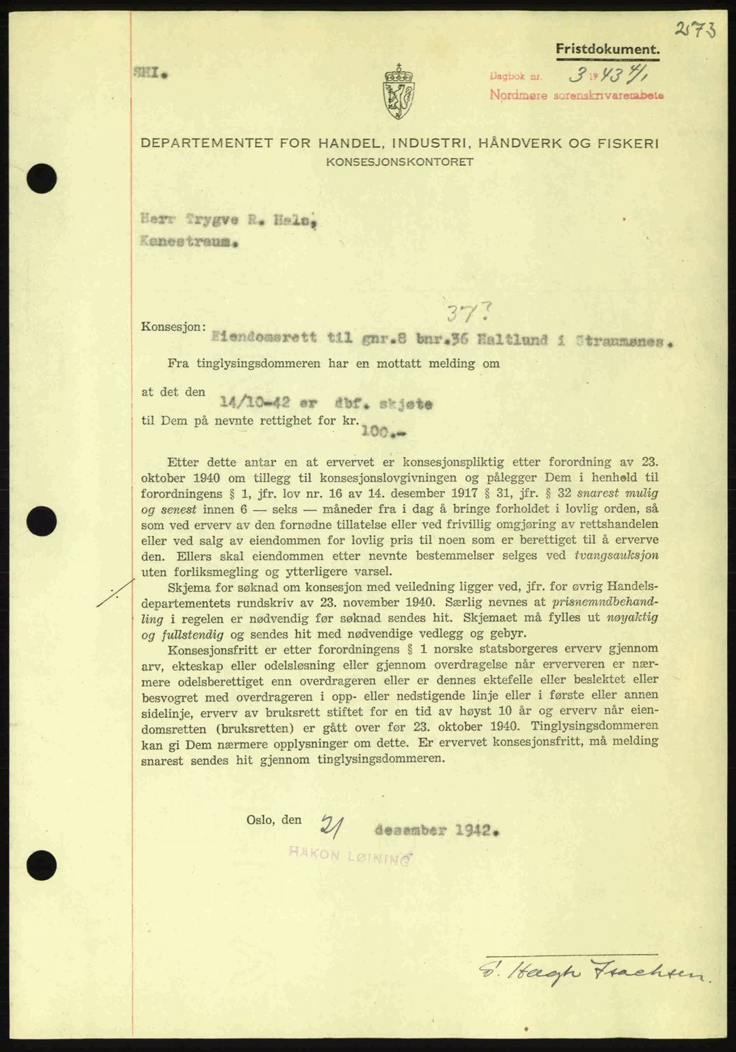 Nordmøre sorenskriveri, SAT/A-4132/1/2/2Ca: Pantebok nr. B90, 1942-1943, Dagboknr: 3/1943