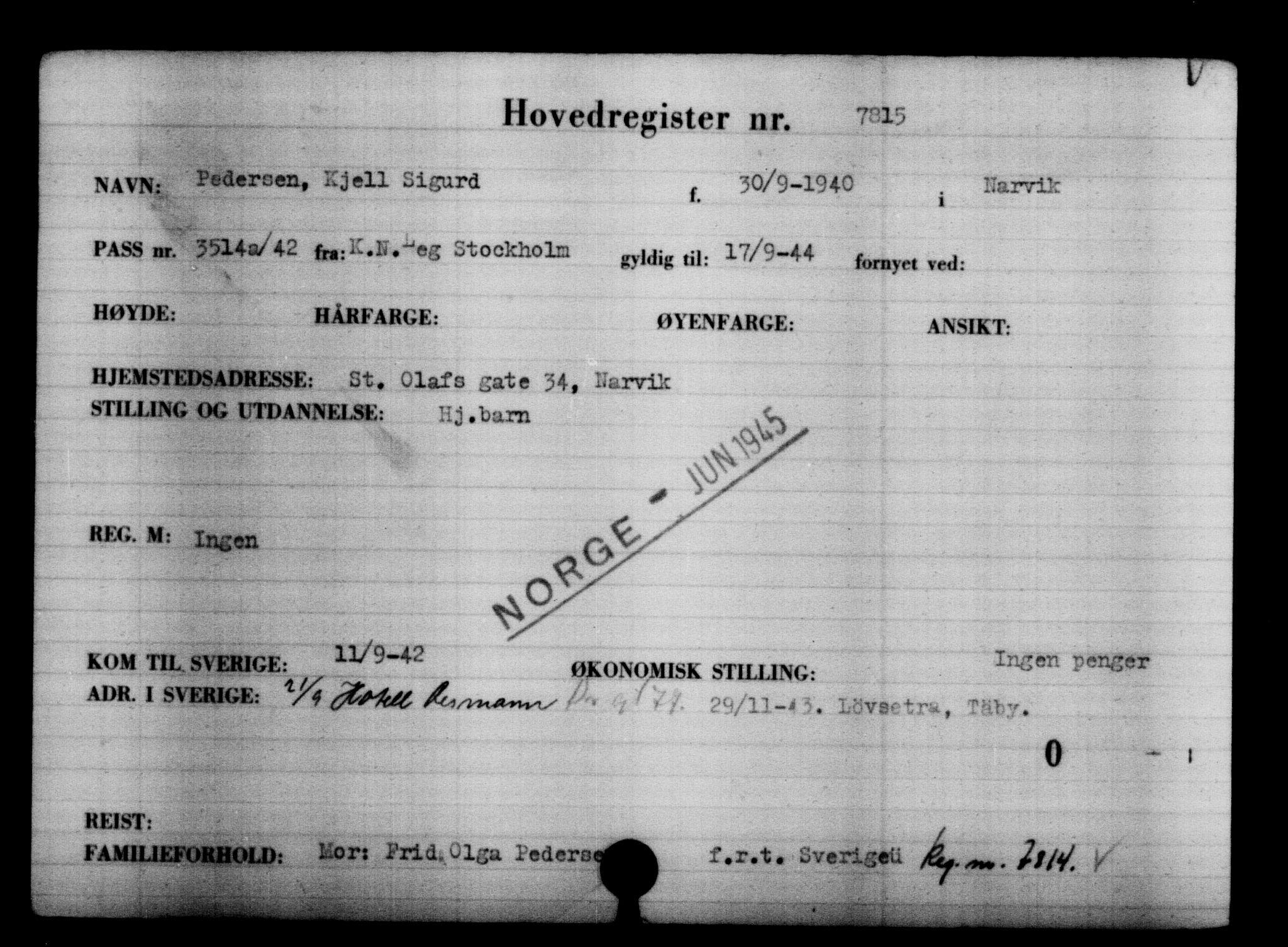 Utenriksstasjonene, Legasjonen i Stockholm, Flyktningkontoret, AV/RA-S-6753/V/Va/L0005: Kjesäterkartoteket, flyktninger med registreringsnr. 6600-9417, 1940-1945, s. 1425