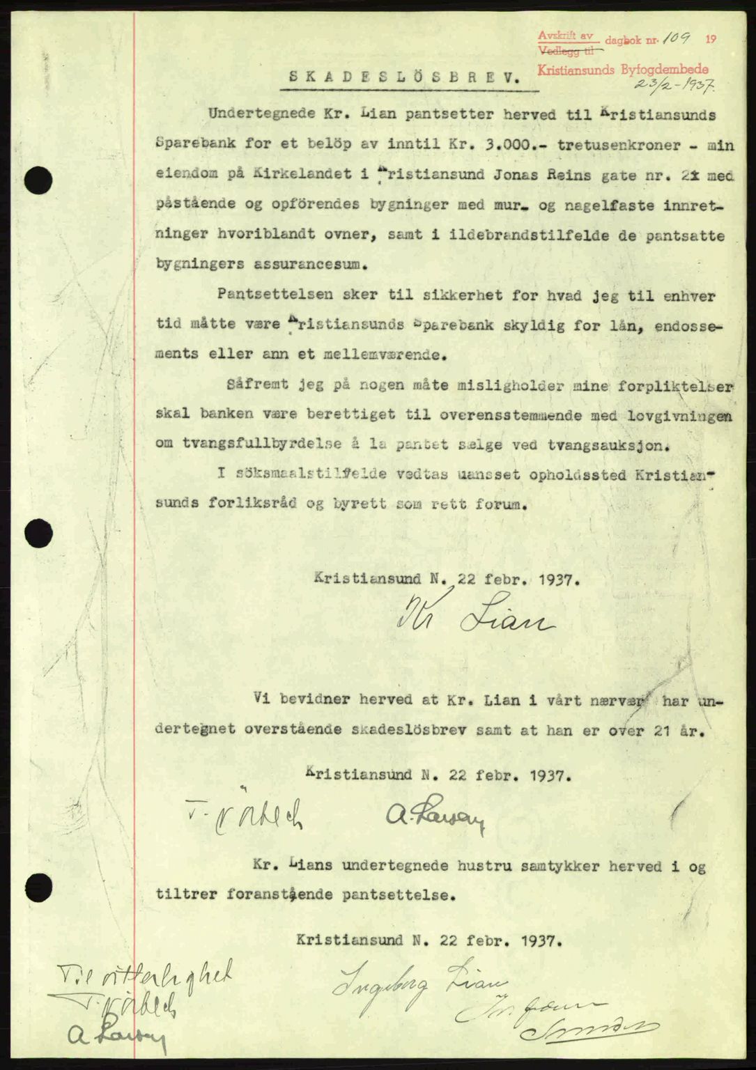Kristiansund byfogd, AV/SAT-A-4587/A/27: Pantebok nr. 29, 1936-1937, Dagboknr: 109/1937