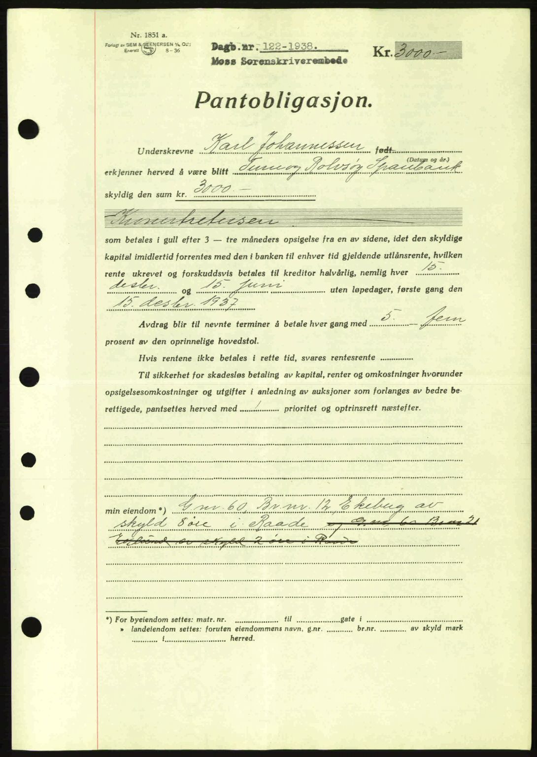 Moss sorenskriveri, SAO/A-10168: Pantebok nr. B4, 1937-1938, Dagboknr: 122/1938