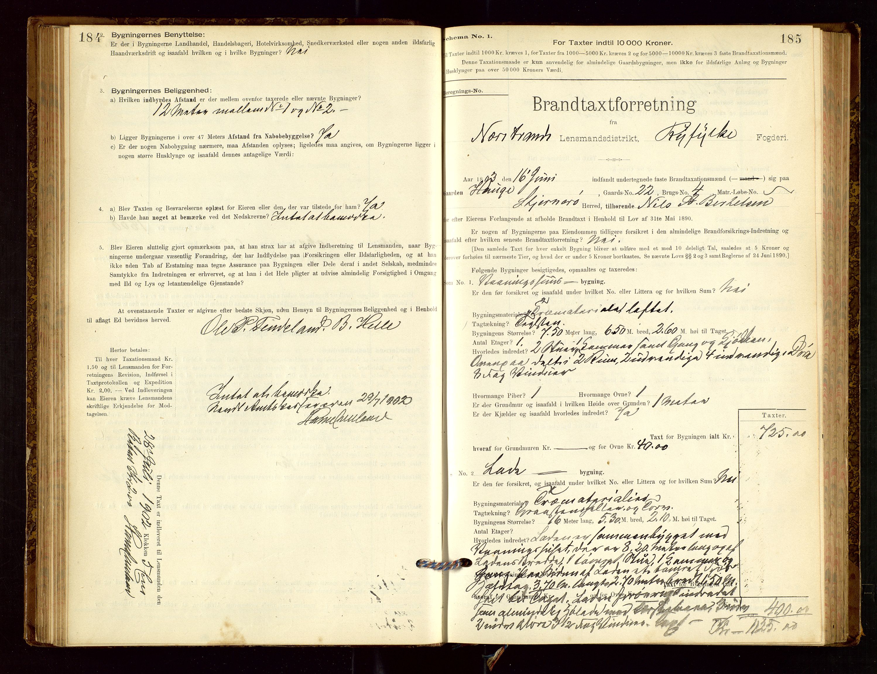 Nedstrand lensmannskontor, SAST/A-100236/Gob/L0001: "Brandtaxationsprotokol for Nerstrand Lensmandsdistrikt Ryfylke fogderi", 1895-1915, s. 184-185