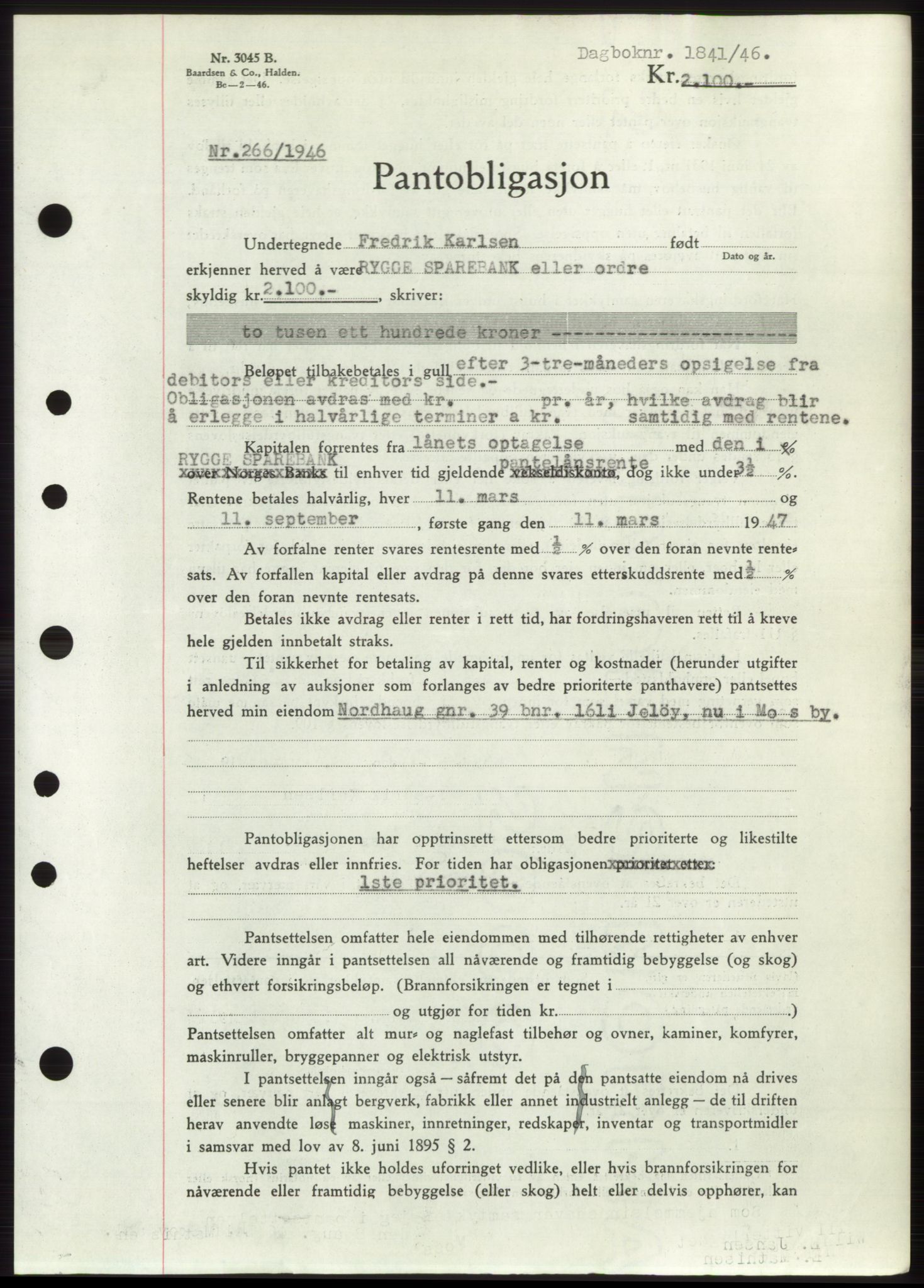 Moss sorenskriveri, SAO/A-10168: Pantebok nr. B15, 1946-1946, Dagboknr: 1841/1946