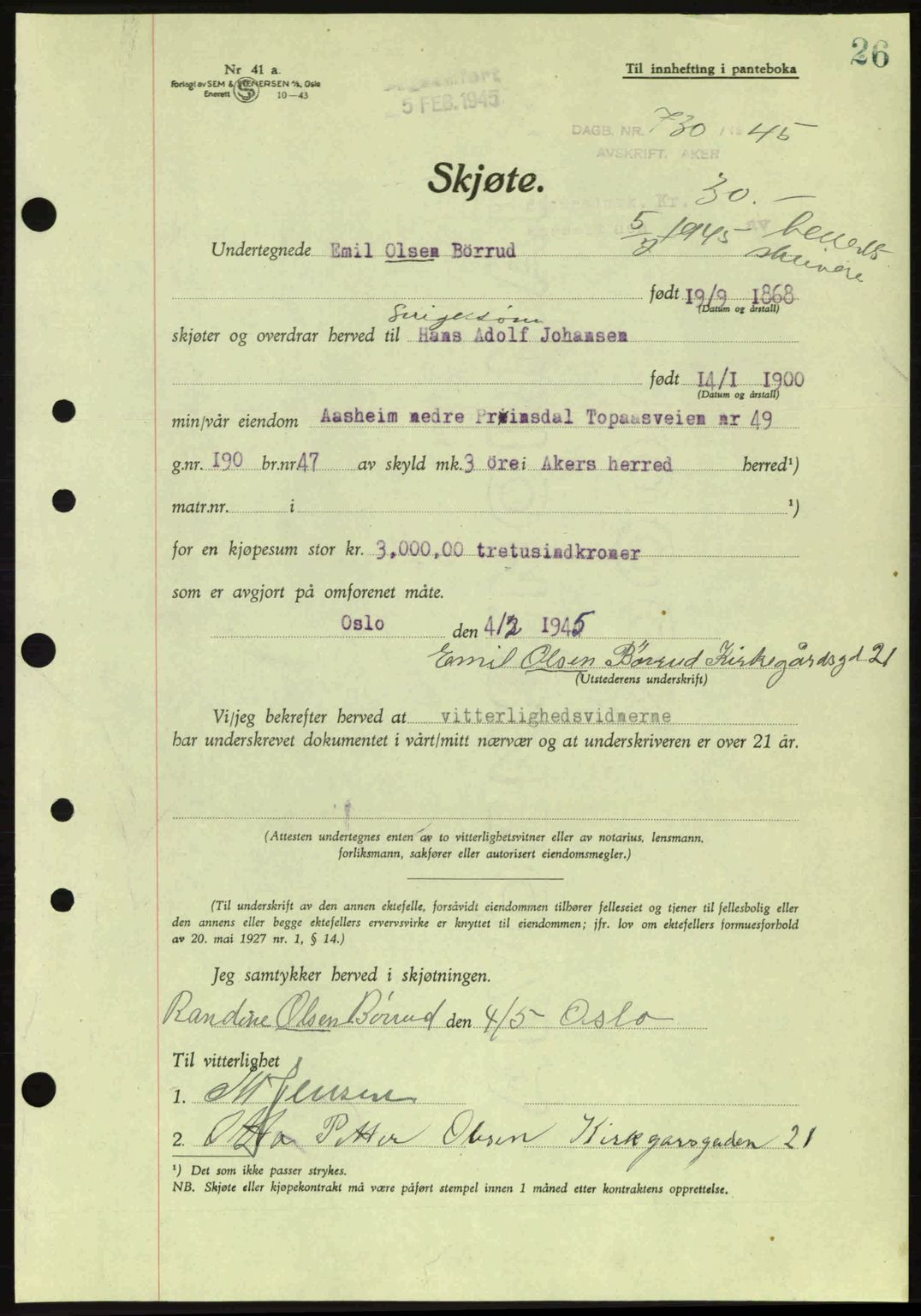 Aker herredsskriveri, SAO/A-10896/G/Gb/Gba/Gbab/L0063: Pantebok nr. A184-185, 1944-1945, Dagboknr: 730/1945