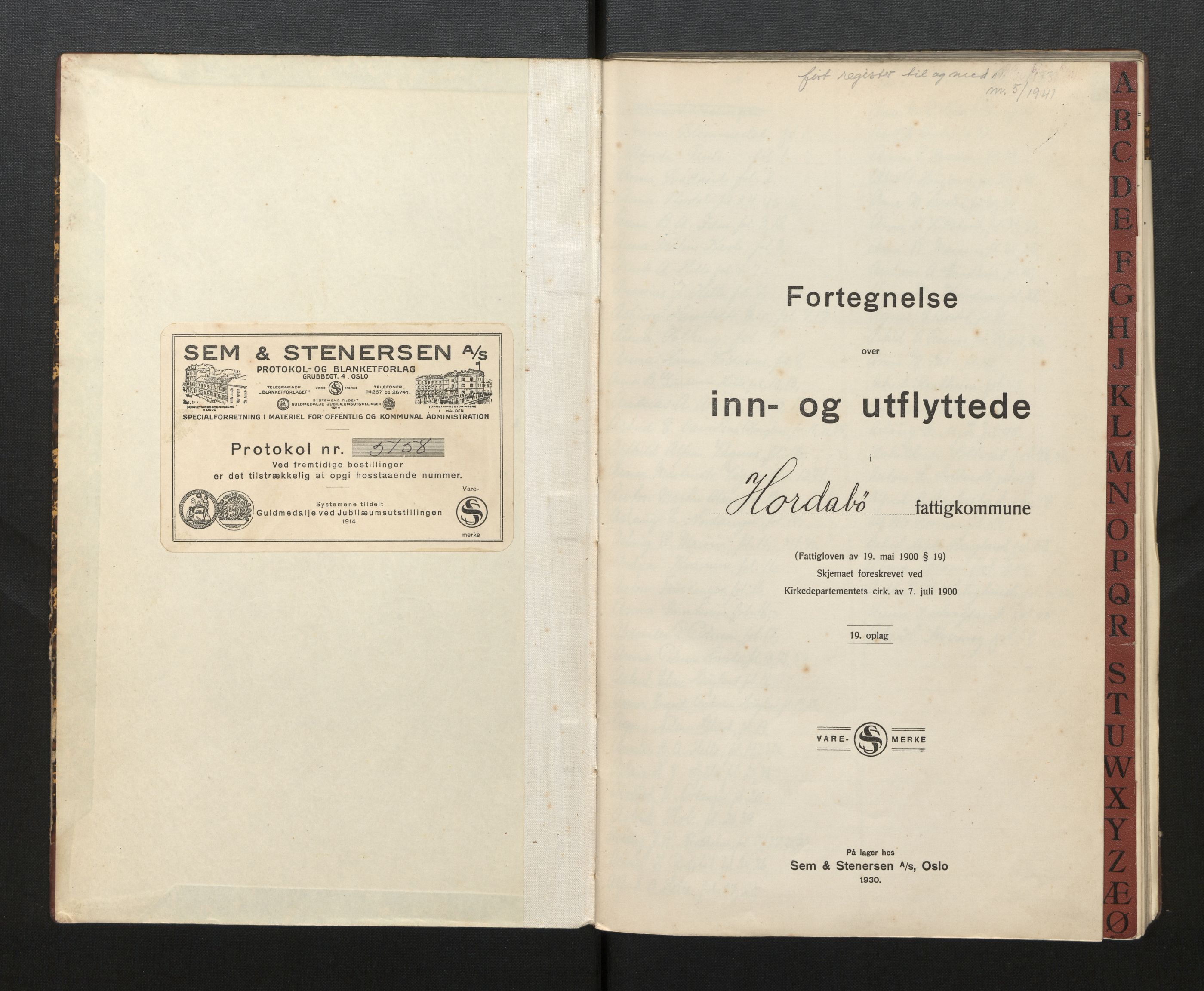Lensmannen i Manger, SAB/A-33701/0020/L0007: Protokoll over inn- og utflytte, Hordabø, 1931-1943