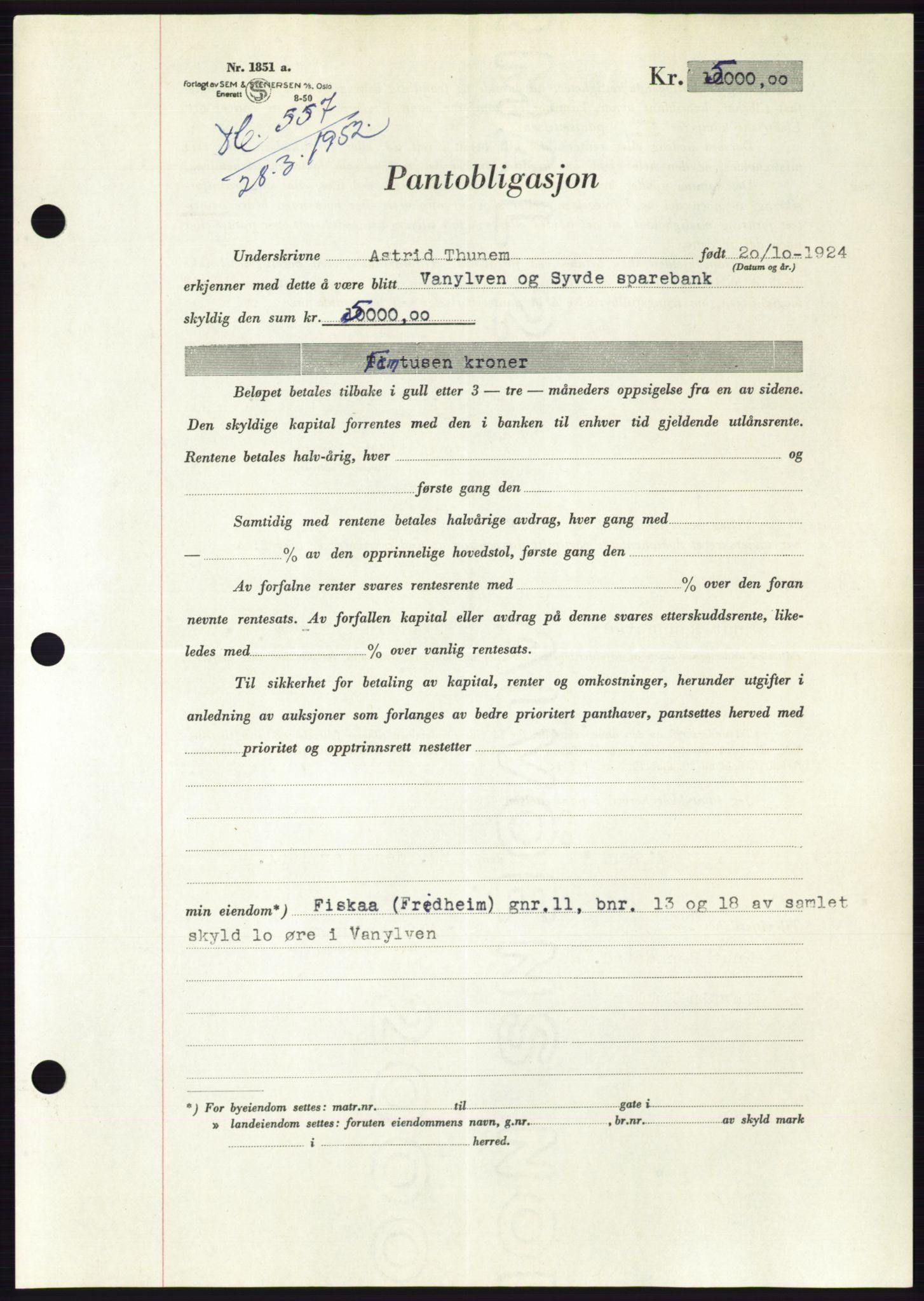 Søre Sunnmøre sorenskriveri, AV/SAT-A-4122/1/2/2C/L0121: Pantebok nr. 9B, 1951-1952, Dagboknr: 557/1952