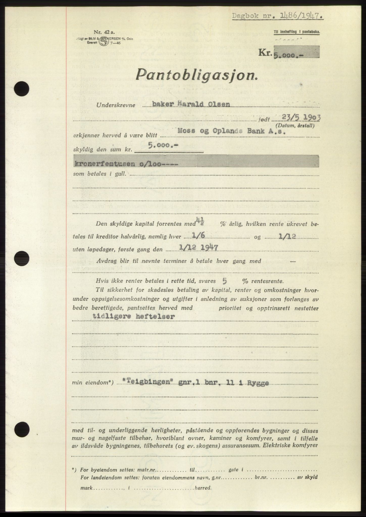 Moss sorenskriveri, SAO/A-10168: Pantebok nr. B17, 1947-1947, Dagboknr: 1486/1947