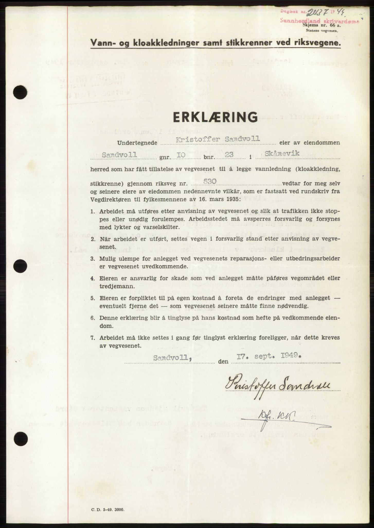 Sunnhordland sorenskrivar, AV/SAB-A-2401: Pantebok nr. B75-79, 1948-1950, Dagboknr: 2037/1949