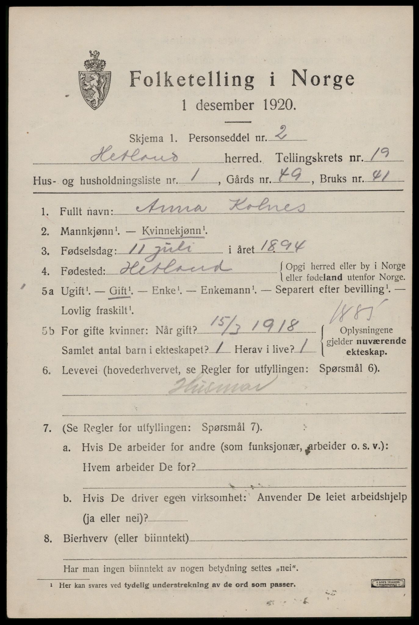 SAST, Folketelling 1920 for 1126 Hetland herred, 1920, s. 25697