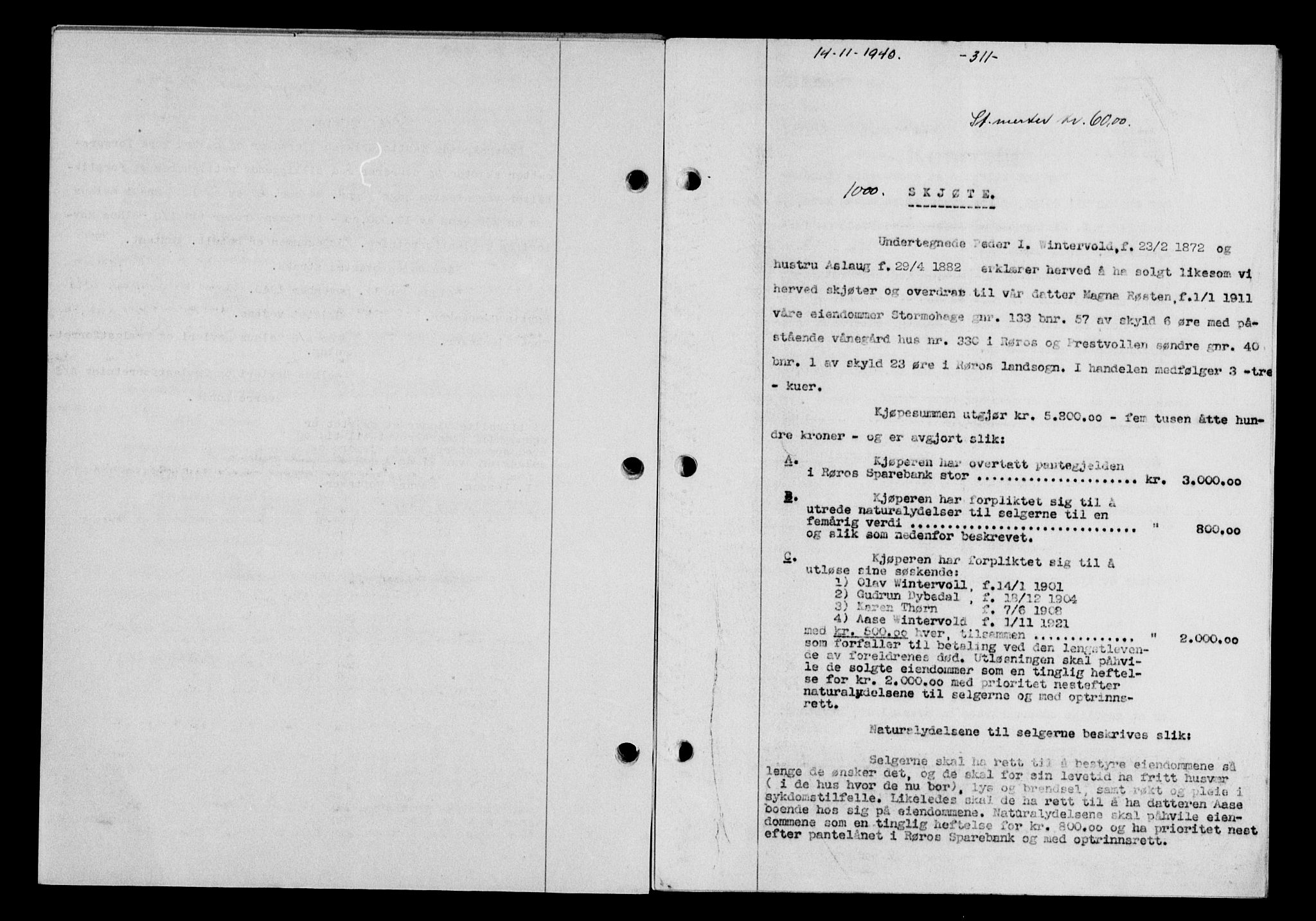 Gauldal sorenskriveri, SAT/A-0014/1/2/2C/L0052: Pantebok nr. 57, 1940-1941, Dagboknr: 1000/1940