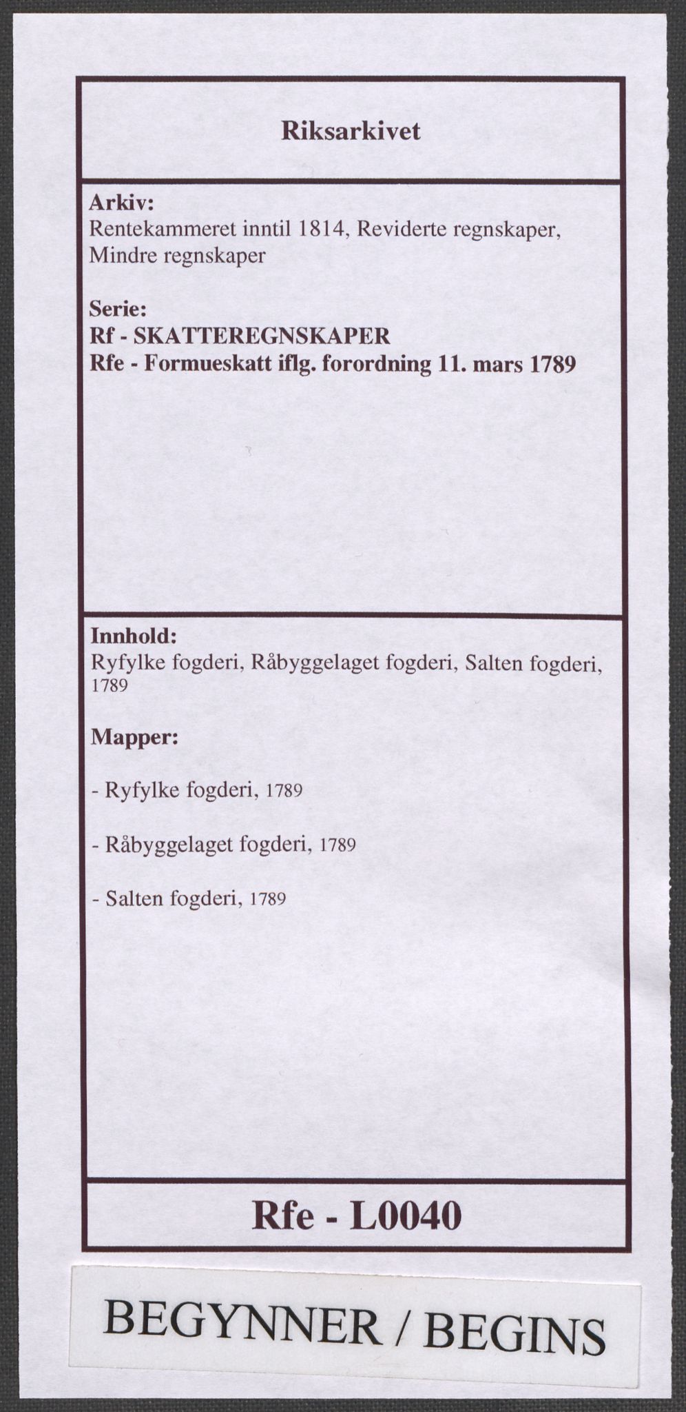 Rentekammeret inntil 1814, Reviderte regnskaper, Mindre regnskaper, RA/EA-4068/Rf/Rfe/L0040: Ryfylke fogderi, Råbyggelaget fogderi, Salten fogderi, 1789, s. 1