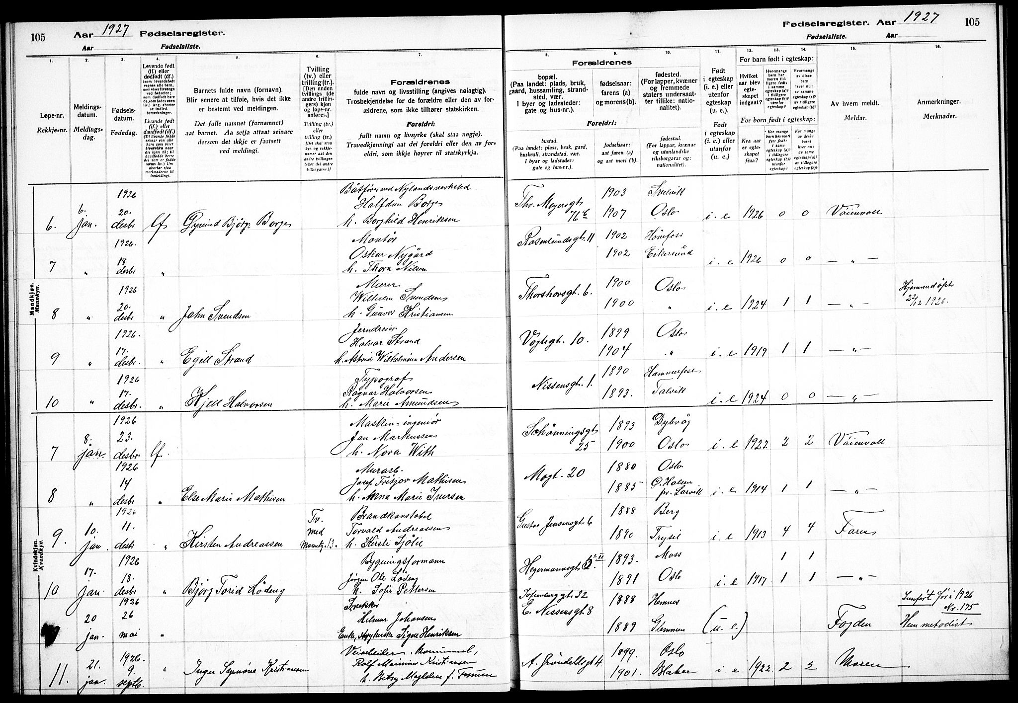 Sagene prestekontor Kirkebøker, AV/SAO-A-10796/J/L0004: Fødselsregister nr. 4, 1925-1928, s. 105