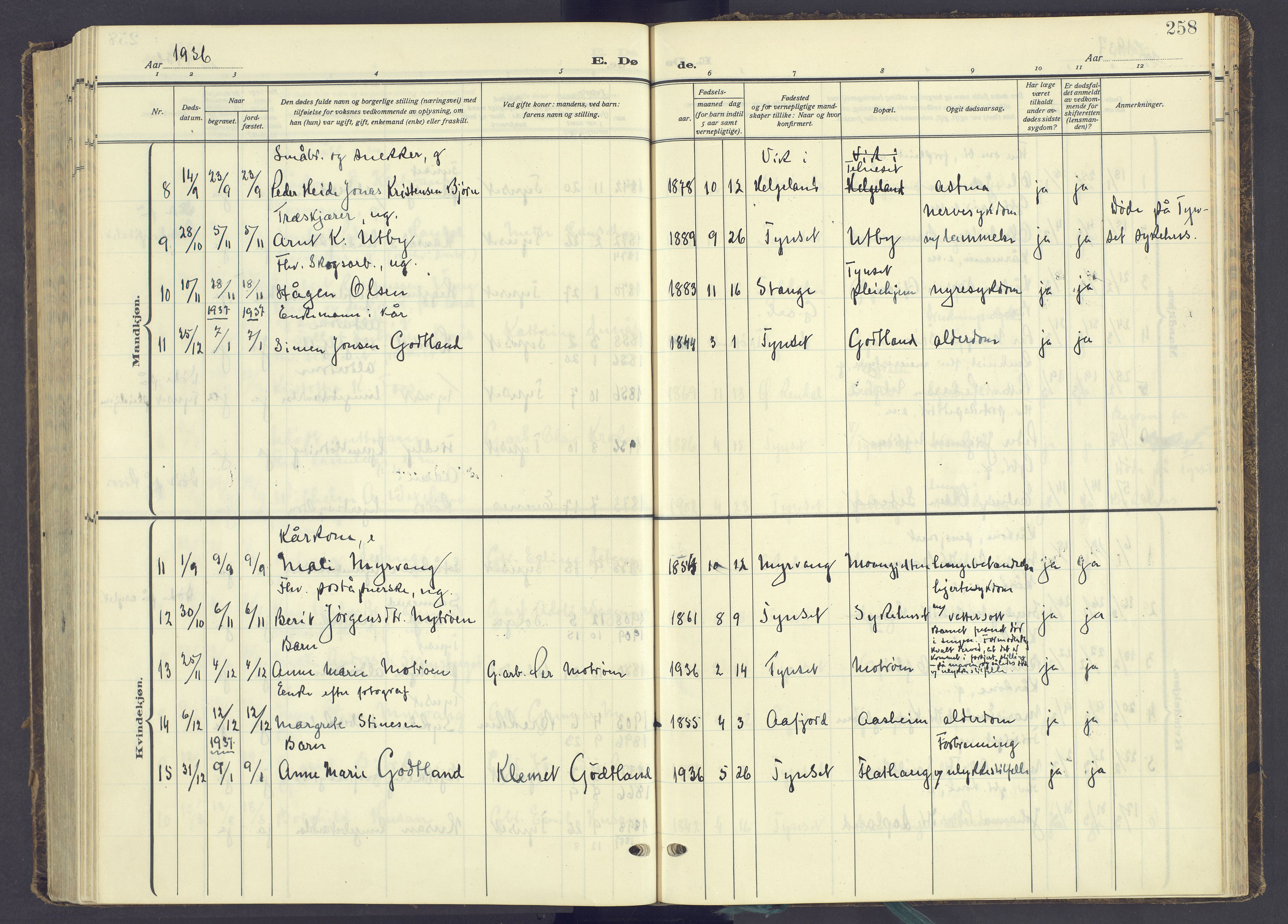 Tynset prestekontor, AV/SAH-PREST-058/H/Ha/Haa/L0027: Ministerialbok nr. 27, 1930-1944, s. 258