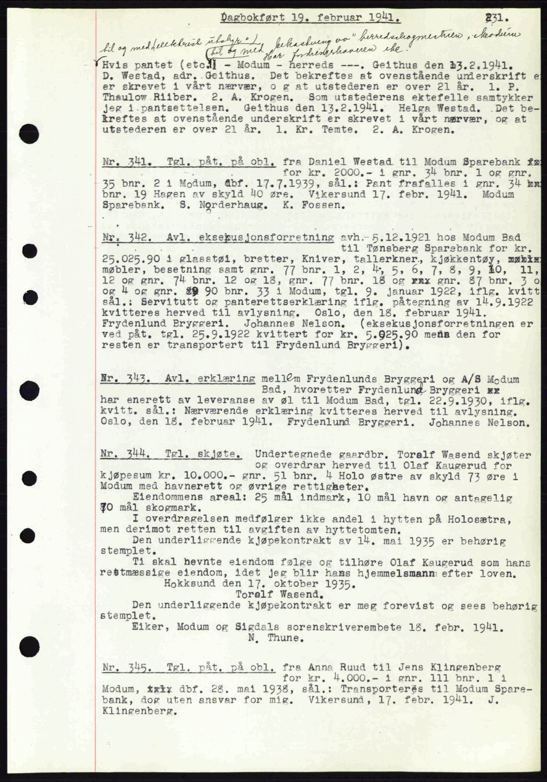 Eiker, Modum og Sigdal sorenskriveri, SAKO/A-123/G/Ga/Gab/L0043: Pantebok nr. A13, 1940-1941, Dagboknr: 341/1941