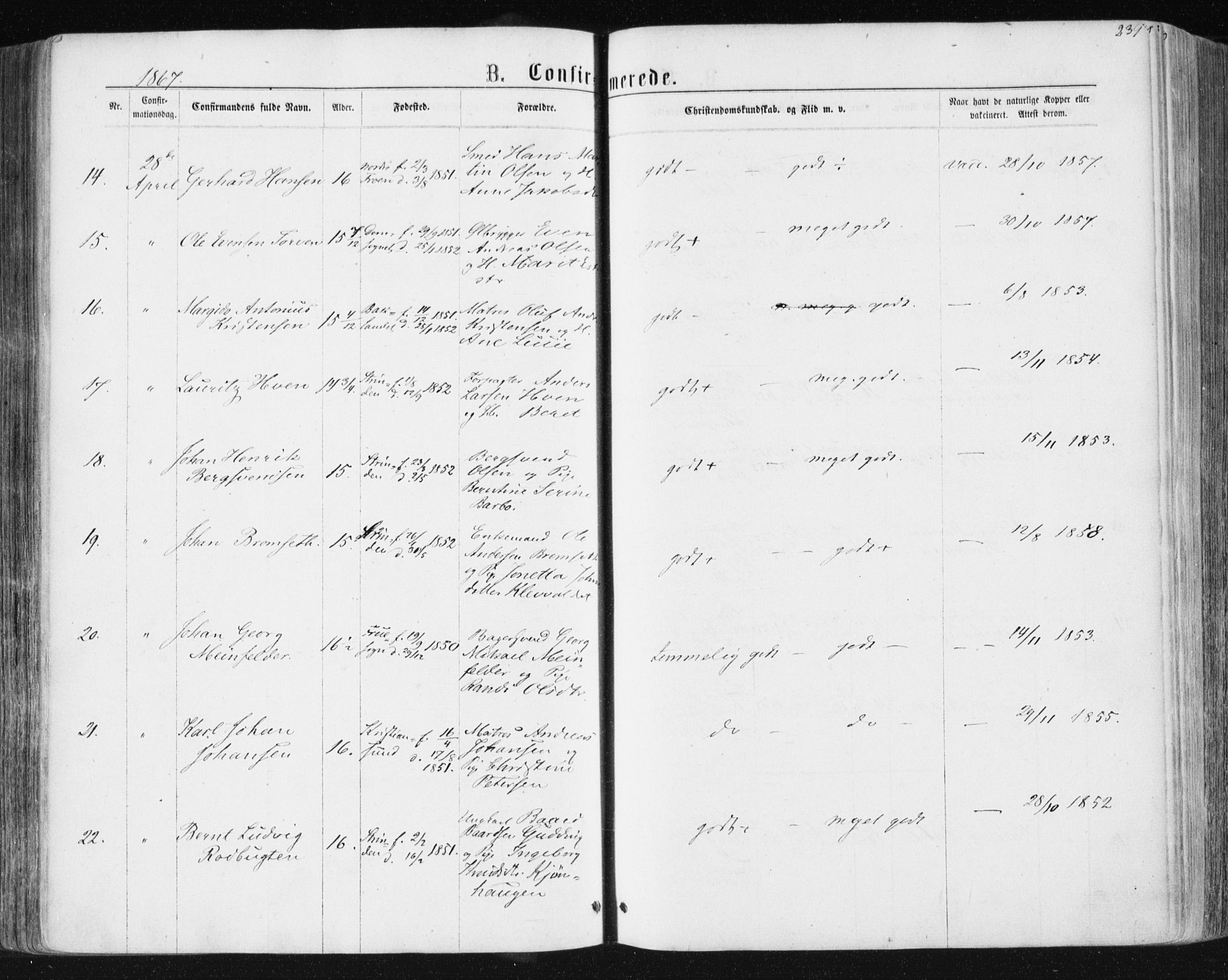Ministerialprotokoller, klokkerbøker og fødselsregistre - Sør-Trøndelag, SAT/A-1456/604/L0186: Ministerialbok nr. 604A07, 1866-1877, s. 239