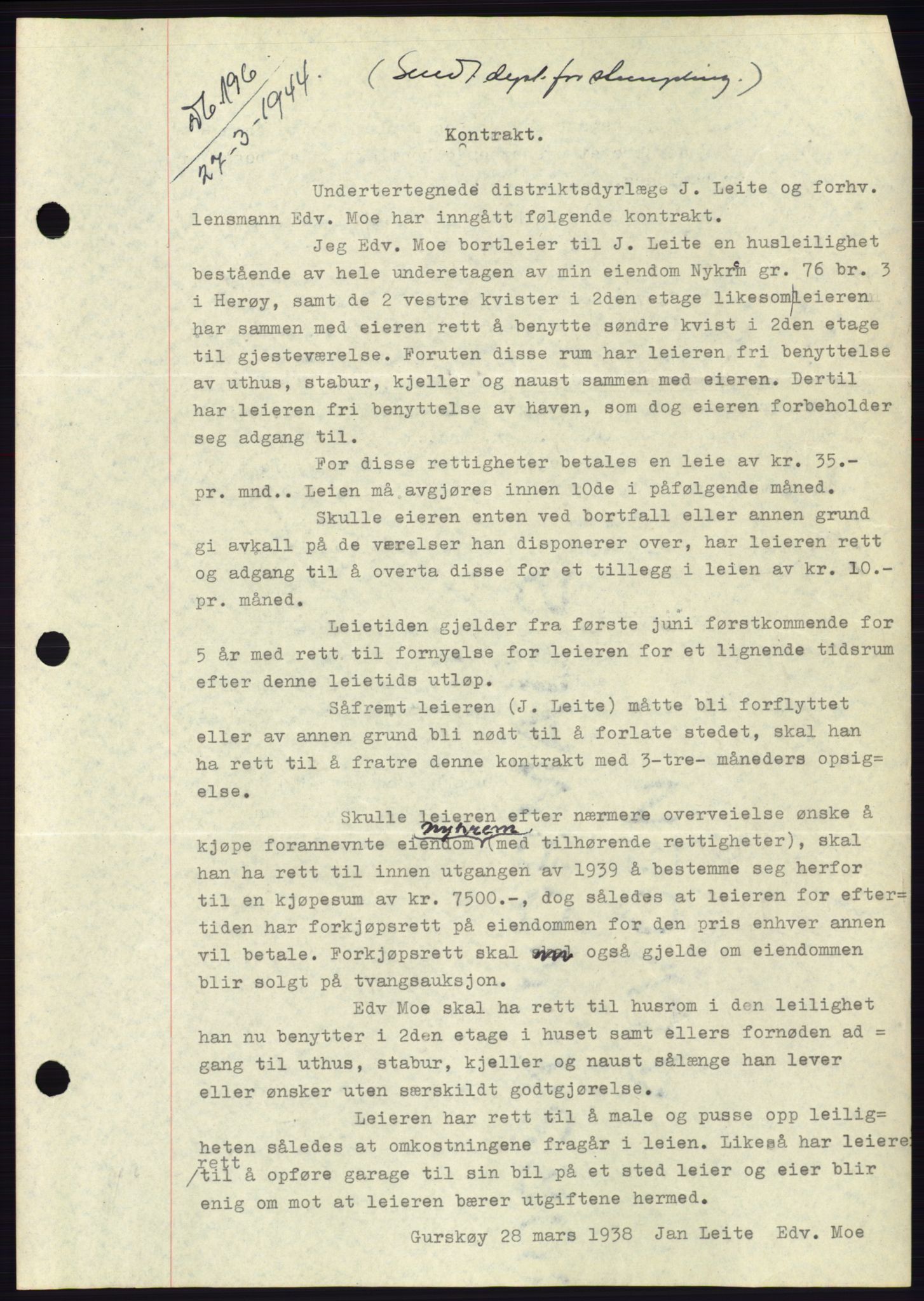 Søre Sunnmøre sorenskriveri, AV/SAT-A-4122/1/2/2C/L0114: Pantebok nr. 1-2B, 1943-1947, Dagboknr: 196/1944