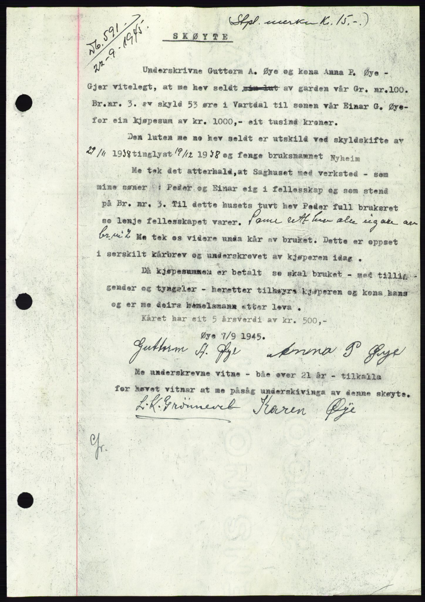 Søre Sunnmøre sorenskriveri, AV/SAT-A-4122/1/2/2C/L0077: Pantebok nr. 3A, 1945-1946, Dagboknr: 591/1945