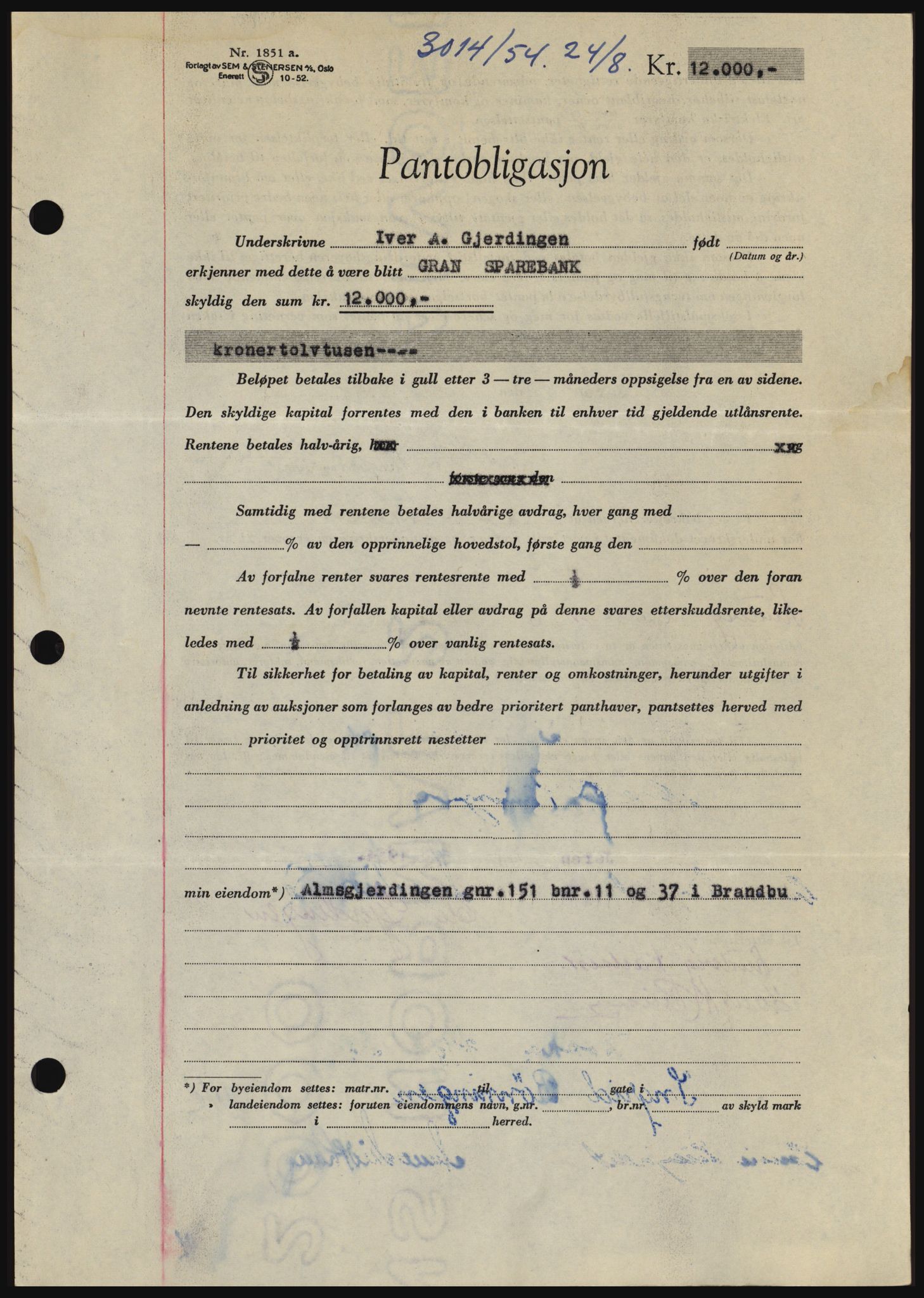 Hadeland og Land tingrett, SAH/TING-010/H/Hb/Hbc/L0030: Pantebok nr. B30, 1954-1954, Dagboknr: 3014/1954