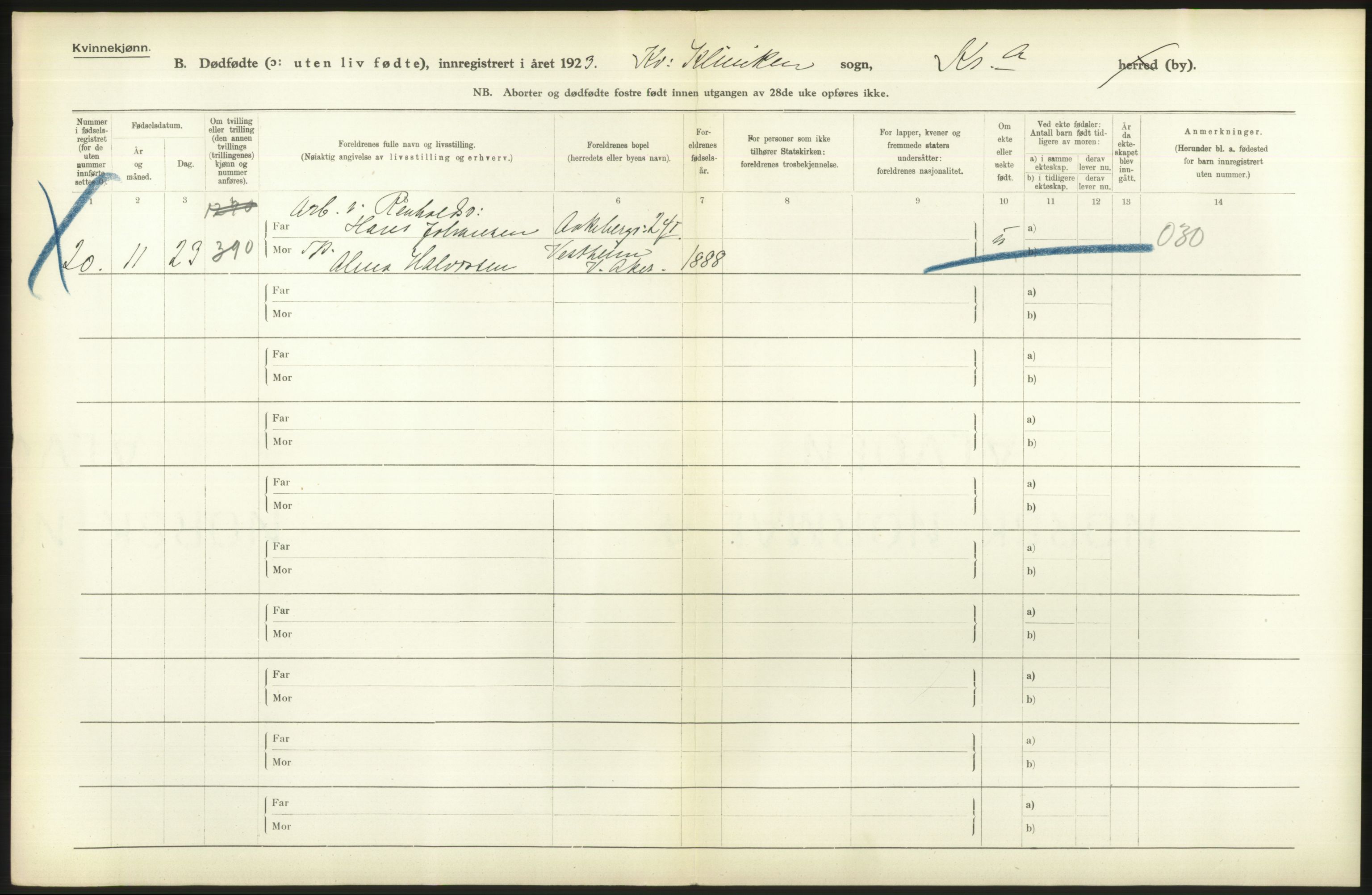 Statistisk sentralbyrå, Sosiodemografiske emner, Befolkning, RA/S-2228/D/Df/Dfc/Dfcc/L0010: Kristiania: Døde, dødfødte, 1923, s. 102