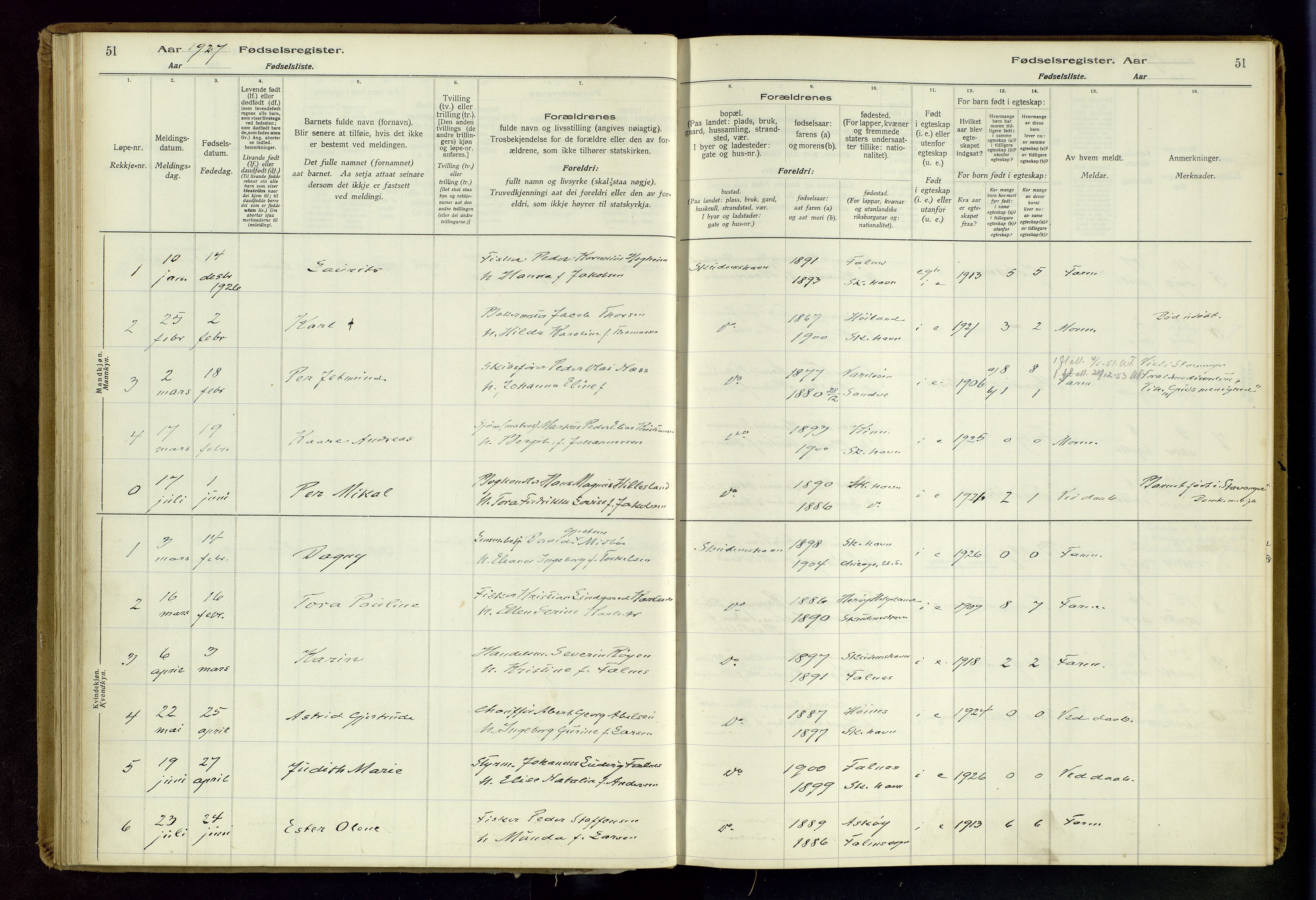 Skudenes sokneprestkontor, SAST/A -101849/I/Id/L0003: Fødselsregister nr. 3, 1916-1964, s. 51