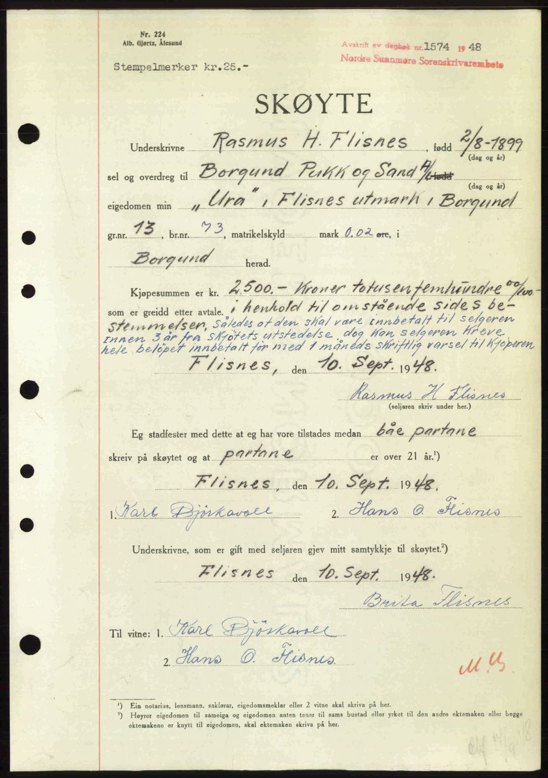 Nordre Sunnmøre sorenskriveri, AV/SAT-A-0006/1/2/2C/2Ca: Pantebok nr. A28, 1948-1948, Dagboknr: 1574/1948