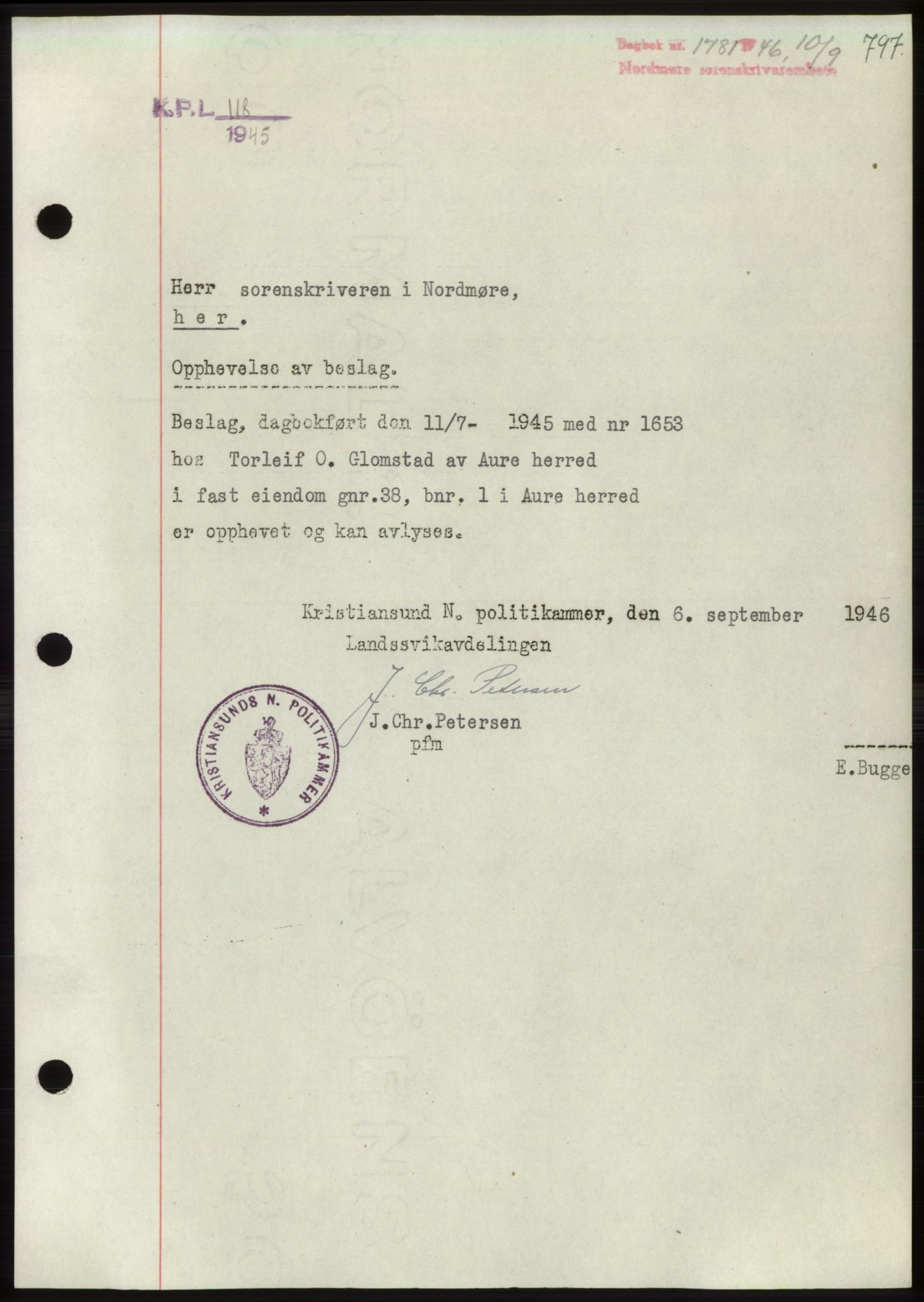 Nordmøre sorenskriveri, SAT/A-4132/1/2/2Ca: Pantebok nr. B94, 1946-1946, Dagboknr: 1781/1946