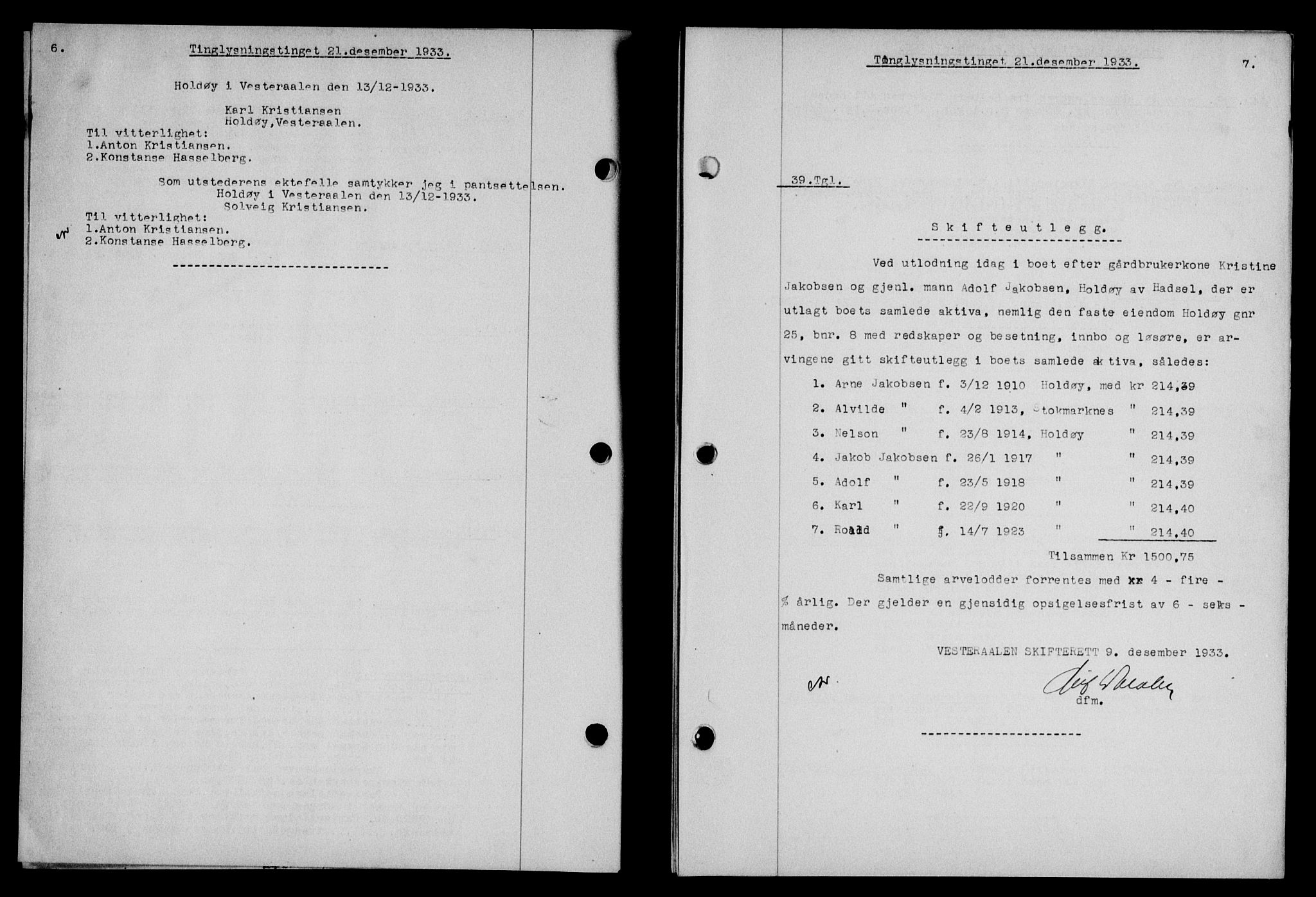 Vesterålen sorenskriveri, SAT/A-4180/1/2/2Ca/L0059: Pantebok nr. 52, 1933-1934, Tingl.dato: 21.12.1933