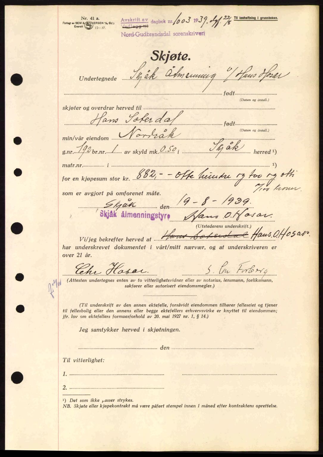 Nord-Gudbrandsdal tingrett, SAH/TING-002/H/Hb/Hbb/L0005: Pantebok nr. FA5, 1939-1940, Dagboknr: 1003/1939