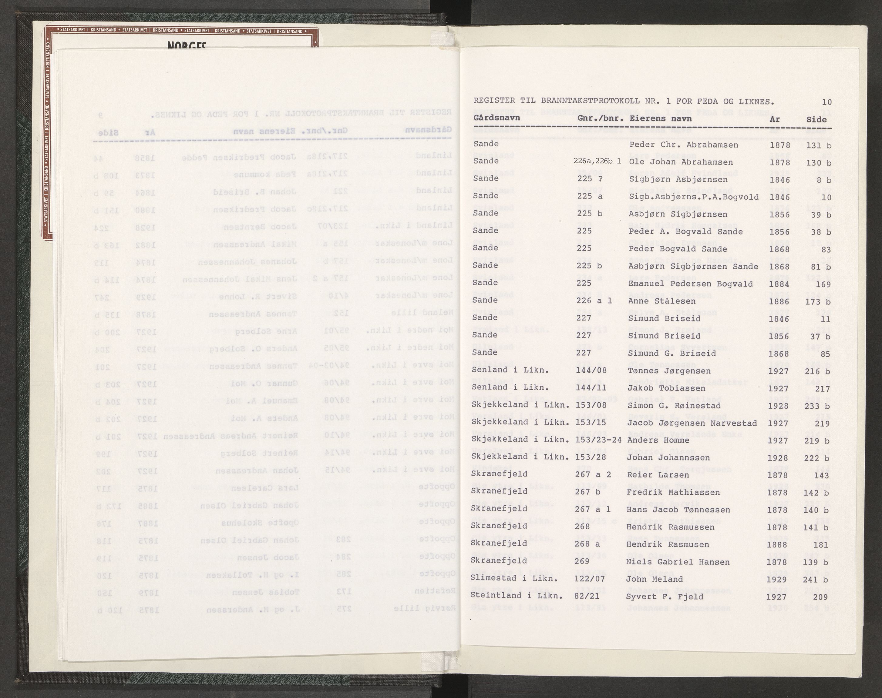Norges Brannkasse Feda, AV/SAK-2241-0012/F/Fa/L0001: Branntakstprotokoll nr. 1 med gårdsnavnregister, 1846-1931