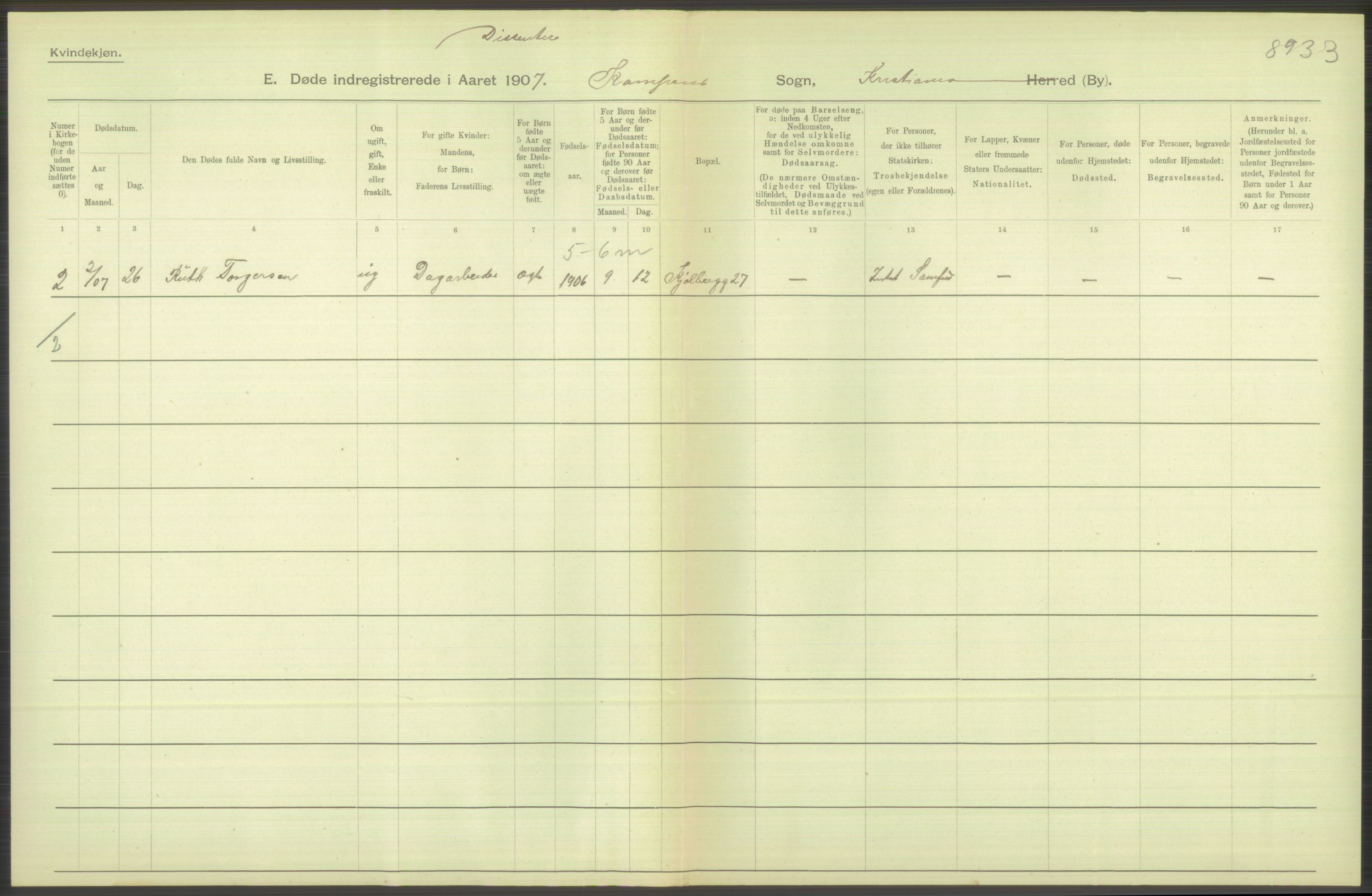 Statistisk sentralbyrå, Sosiodemografiske emner, Befolkning, RA/S-2228/D/Df/Dfa/Dfae/L0009: Kristiania: Døde, 1907, s. 460