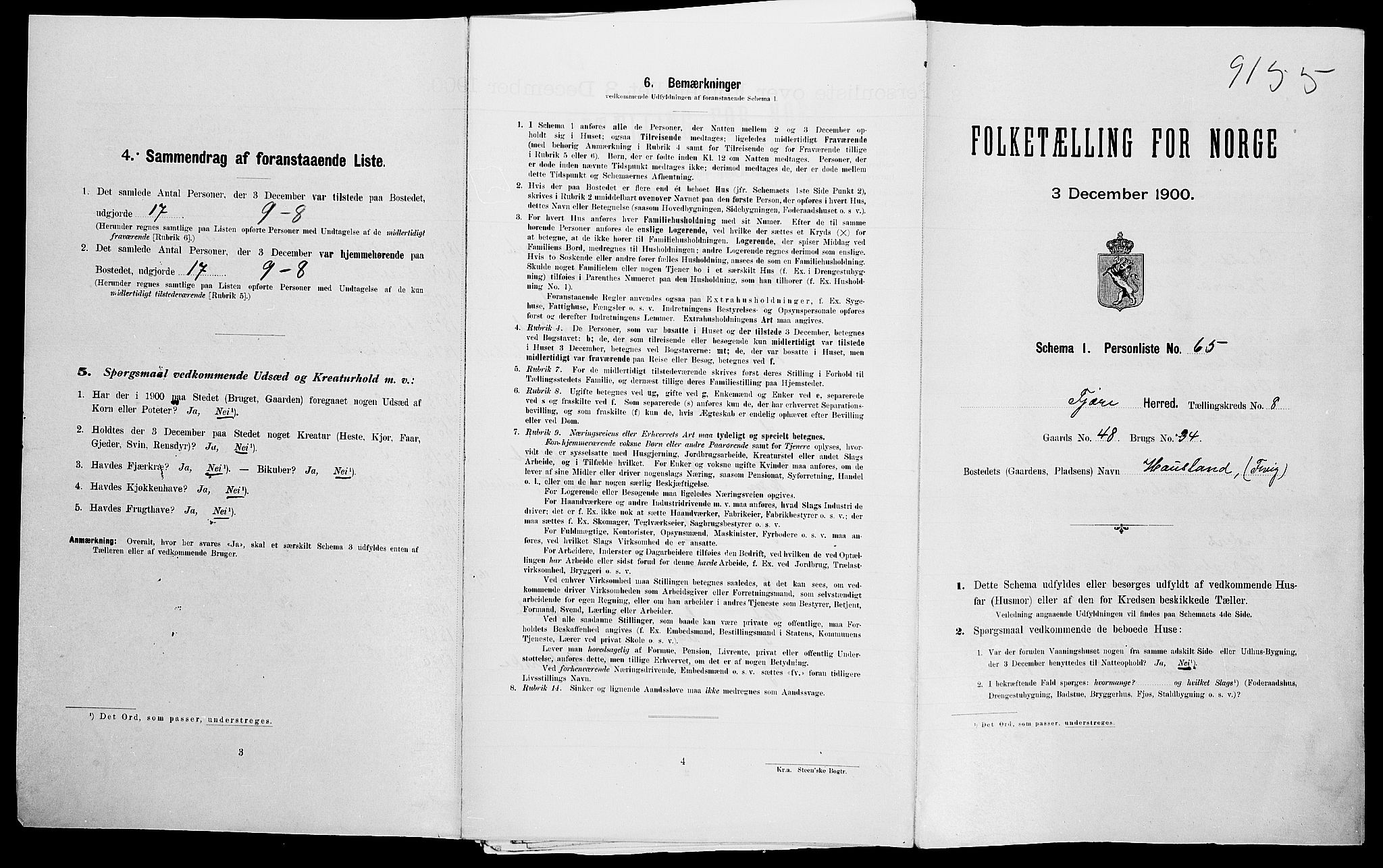 SAK, Folketelling 1900 for 0923 Fjære herred, 1900, s. 1778